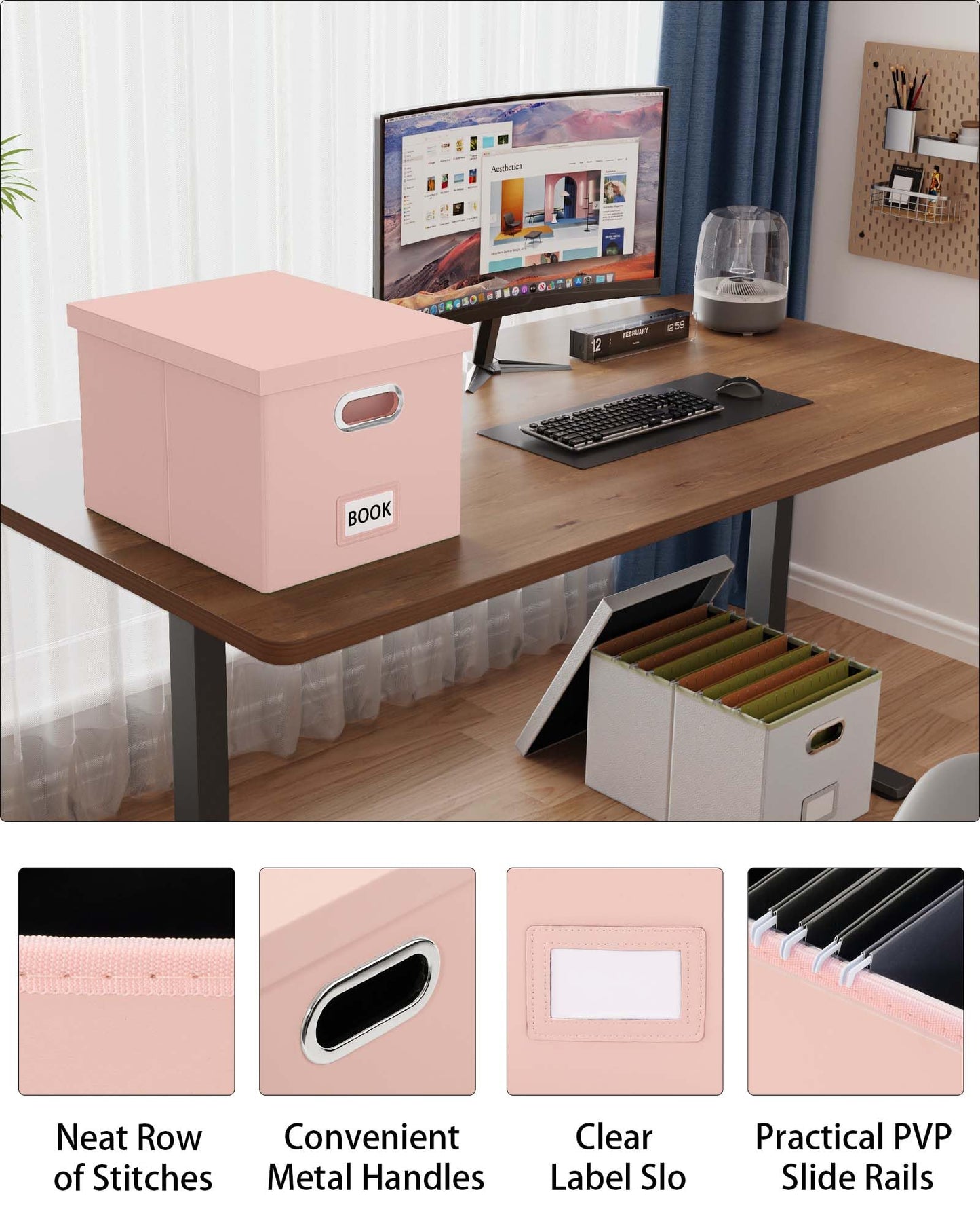 Oterri File Organizer Box with Lid, Portable Hanging File Box for Letter/Legal Files, Office/Decor/Home, Cream-pink (Leather), 1 Pack