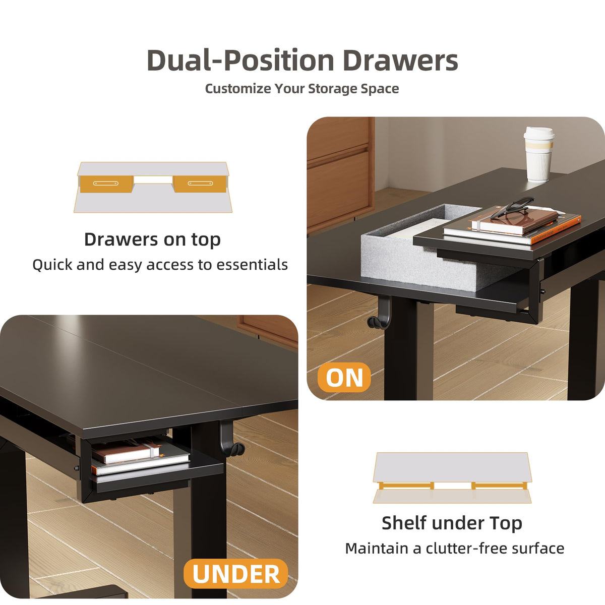 Claiks 48 Inch Electric Standing Desk with 2 Drawers, Adjustable Height Computer Table with Monitor Shelf, Scratch-Resistant Particleboard Desk with Hooks, Black