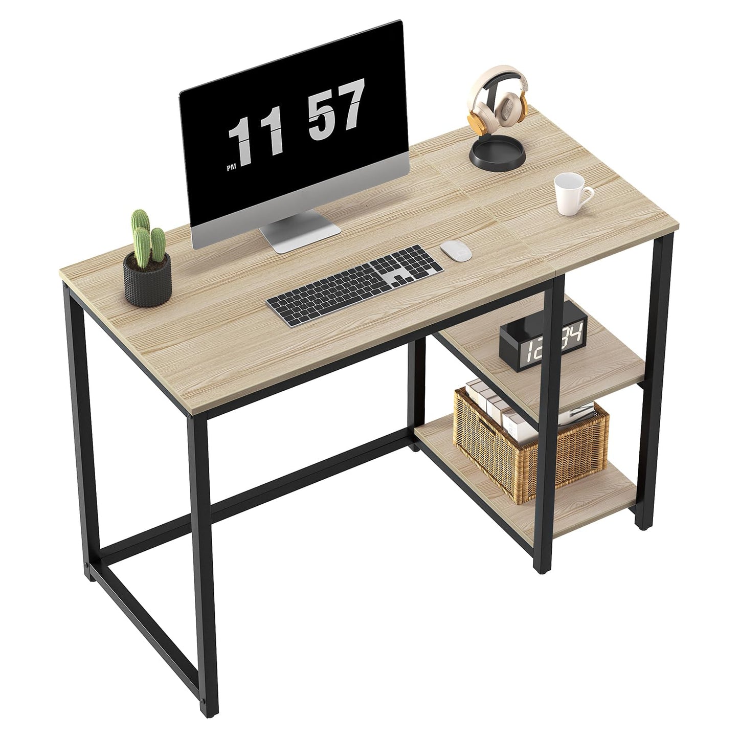 SINPAID 40'' Oak Computer Desk with Shelves, Sturdy Light Wood Desks with Storage Space, Modern Gaming Desk Study Writing Laptop Table, Beige