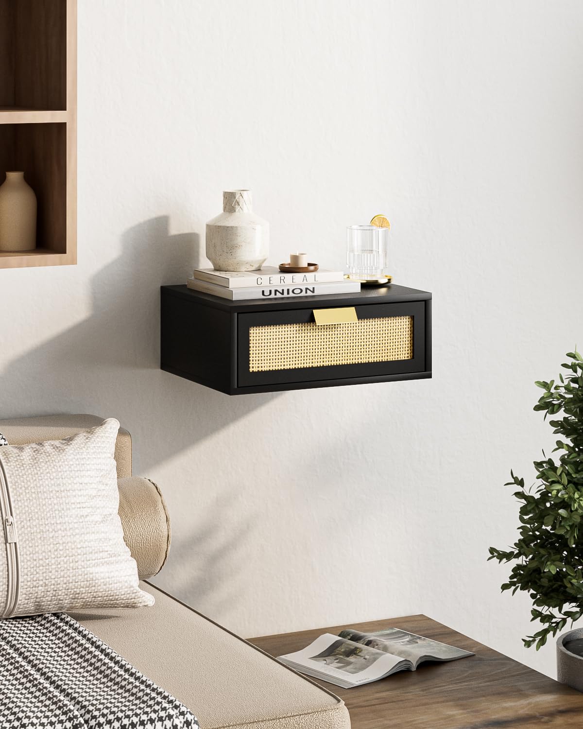 Aienvey Floating Nightstand, Floating Shelf with Drawer, Wall Mounted Nightstand, Floating Bedside Table (Black Rattan)