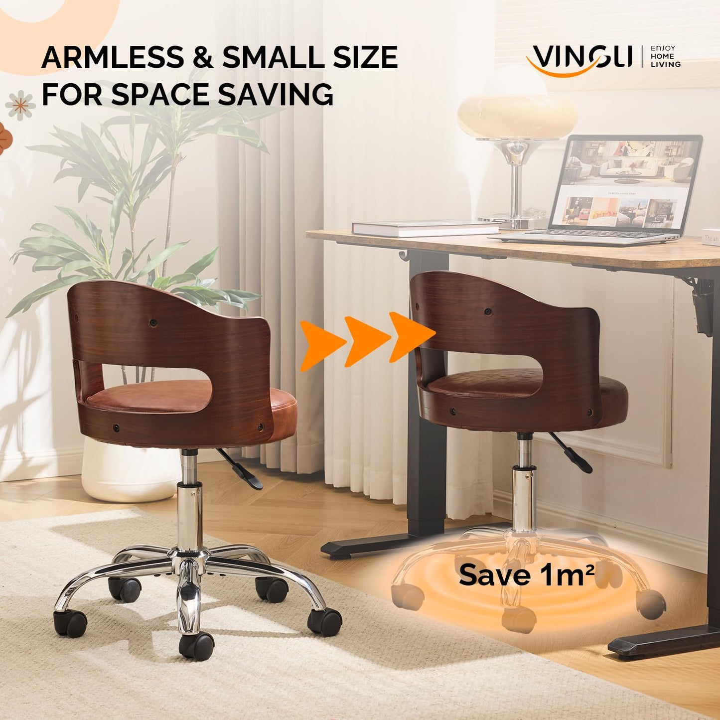 VINGLI Armless Home Office Desk Chair, Adjustable Swivel Chair,Dual-Use with/no Wheels,Small Retro Designed Walnut Curved Task Chair,Cushioned Nail Tech Chair for Study Area,Workspace,PU,Brown