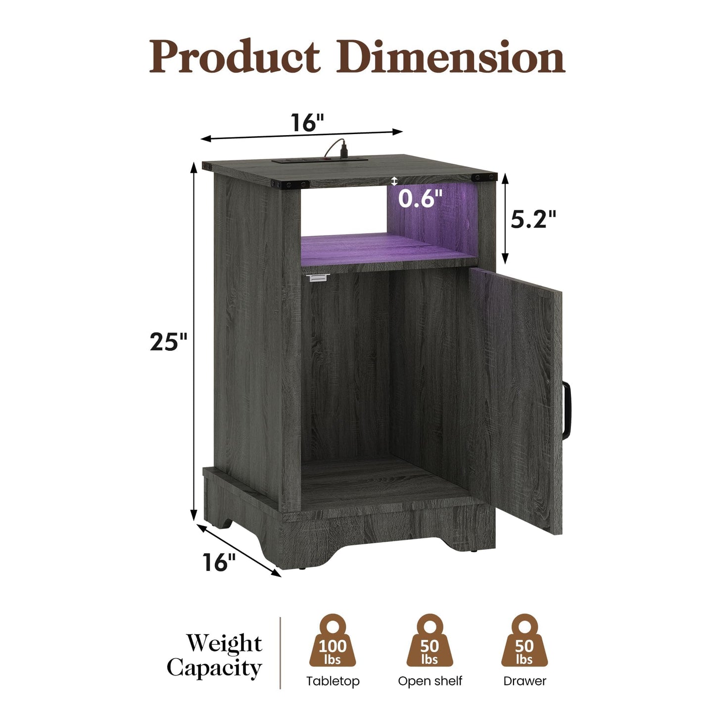 RoyalCraft Farmhouse Nightstand, End Table with LED Lights and Charging Station, Tall Bedside Table with Large Storage and Shelf, Wooden Side Table for Bedroom, Home Office, Dark Grey