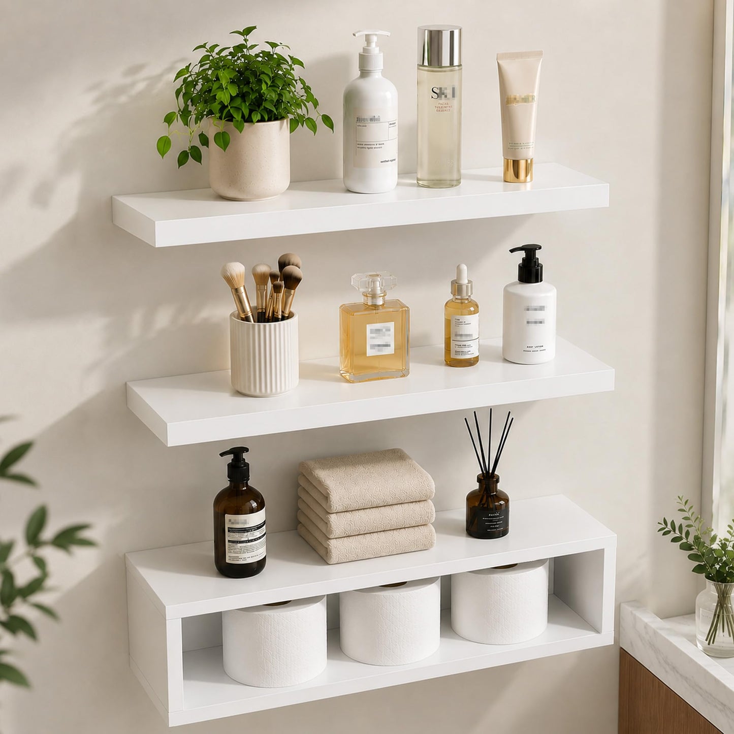 RANK Bathroom Shelves Over Toilet - Wall Mounted Floating Shelves Toilet Paper Storage Small White Decor Shelf 16 inch Set of 3