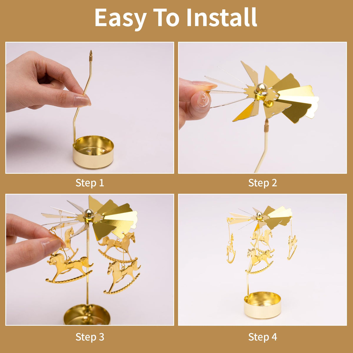 Toptime Spinning Candle Holder, Gold Tea Lights Candle Holder Carousel Candle Spinner, Rotating Metal Candle Holders for Table Centerpiece Carousel Tealight Holder for Christmas Festival Home Decor