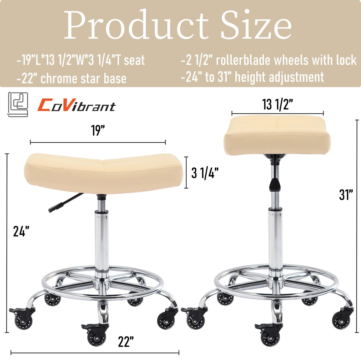 CoVibrant Heavy Duty Adjustable Rolling Stool with Wide Seat, Lockable Rubber Wheels & Footrest - Swivel Stool Chair for Kitchen, Lab, Office, Salon, Home (Cream, 24''-31'')