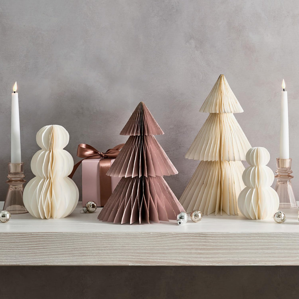 LampLust Paper Christmas Tree Decor, 2 Pack Dusty Rose Honeycomb Paper Trees, 10" & 12", Pink Decor, Winter Wonderland Decorations, Winter Decoration for Home, Winter Mantel Decor