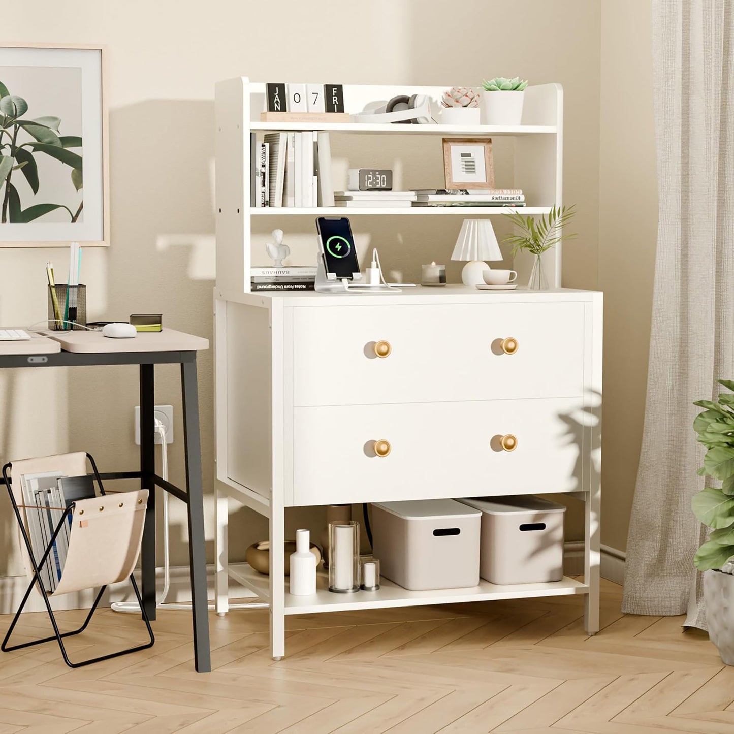 PATAVOT 24 Inch Wide Night Stand, Large Wooden Night Stand with 2 Adjustable Drawes, Tall Nightstand with 4-Tier Shelves and Charging Station, Bedside Table for Living Room/Bedroom/Office, White.