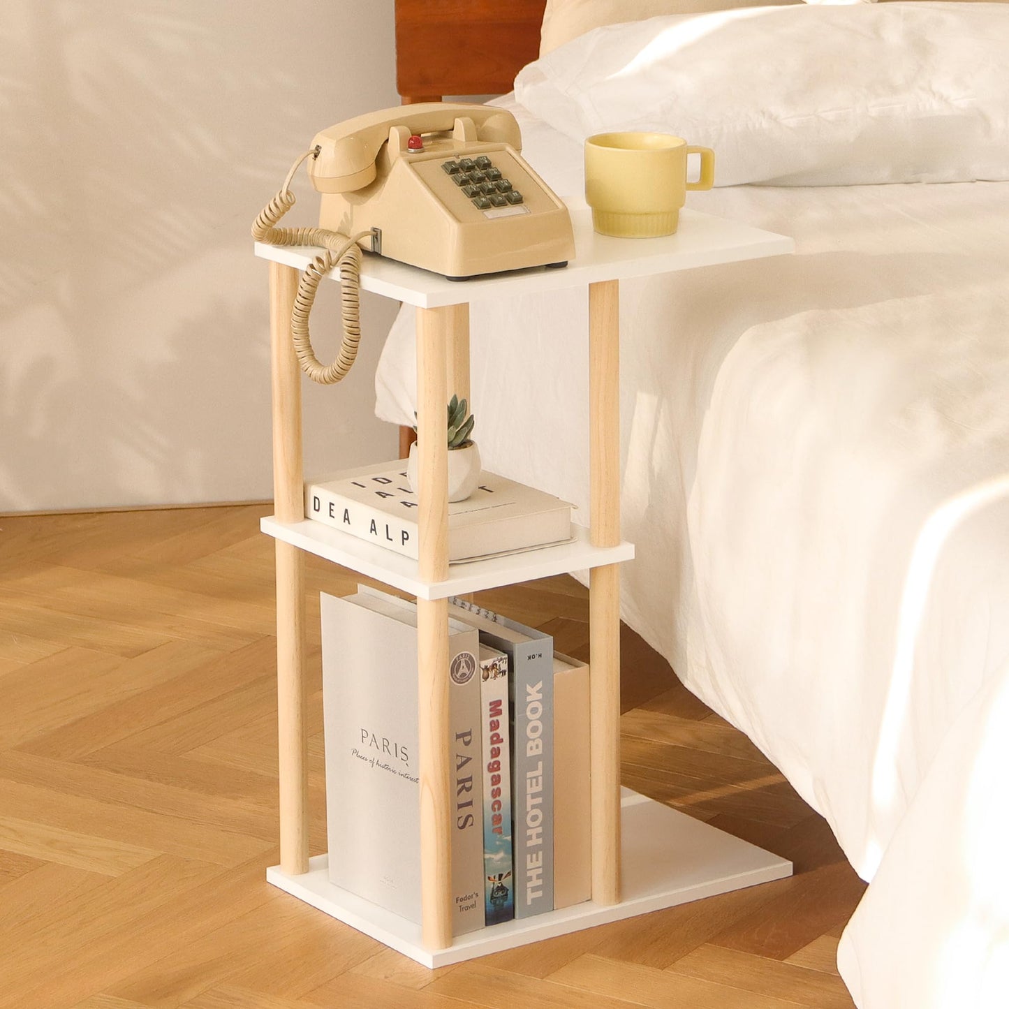 AWASEN C Shaped End Table, Small Side Table for Couch, 3-Tier Wood Sofa Table Coffee Table for Living Room, Small Space, Bedroom, Home Office, Easy Assembly, Natural and White