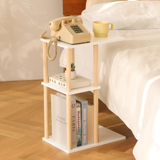 AWASEN C Shaped End Table, Small Side Table for Couch, 3-Tier Wood Sofa Table Coffee Table for Living Room, Small Space, Bedroom, Home Office, Easy Assembly, Natural and White