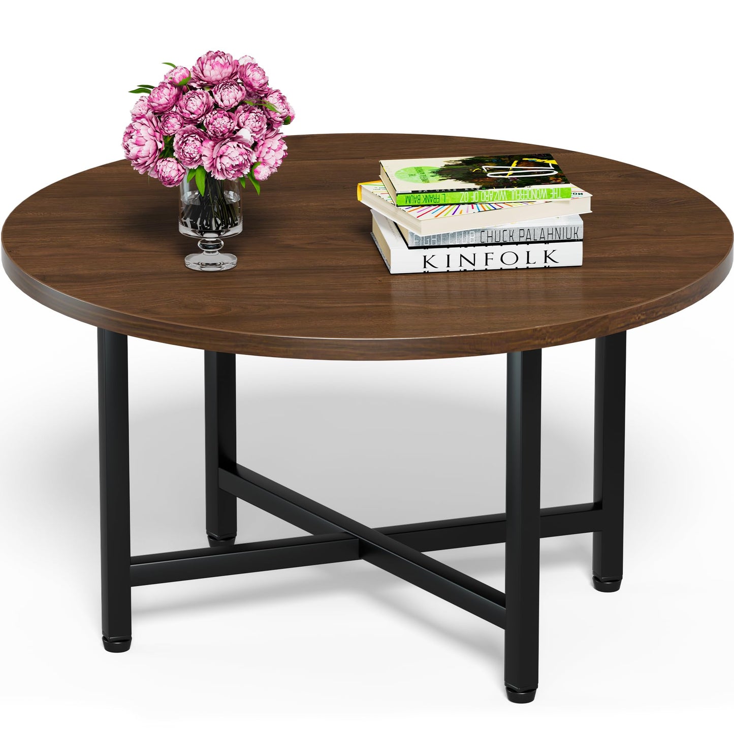 FAMIDGE Coffee Table, 23.6" Coffee Tables for Living Room, Round Coffee Table with Metal Frame, Floor Table for Sitting on The Floor, Home, Office, Dark Walnut