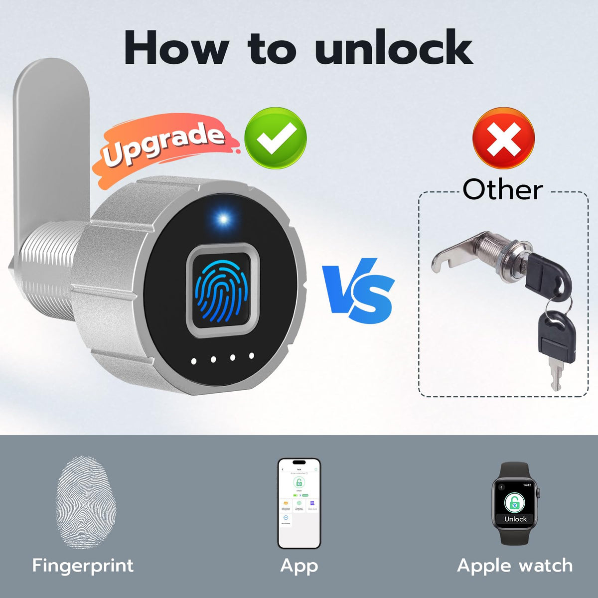 Pothunder Smart Cabinet Lock, 1 1/8" (30mm) Long Cabinet Cam Lock with Fingerprint Bluetooth APP, Digital Keyless Biometric Child Safety Lock for Drawer Cabinets Storage Mailbox