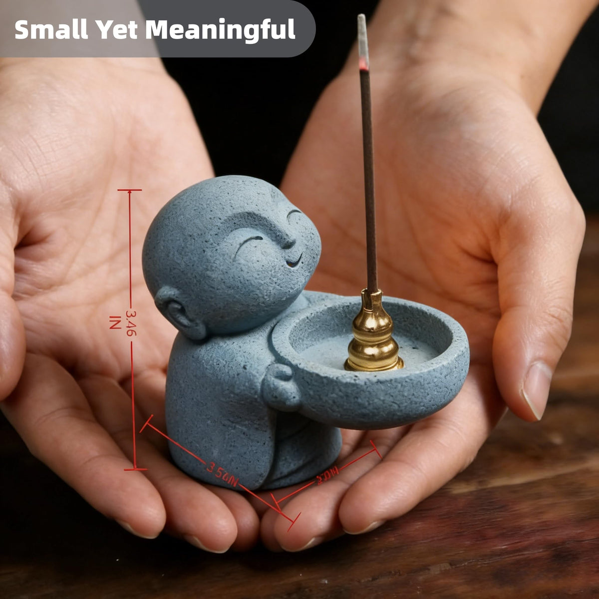 Zen Monk Incense Holder, Sandstone Ksitigarbha Statue for Mindfulness Meditation, Feng Shui Buddha Decor for Home Office, Cute Little Figurine as Candle/Tea Light Stand, Consecrated with Amulet