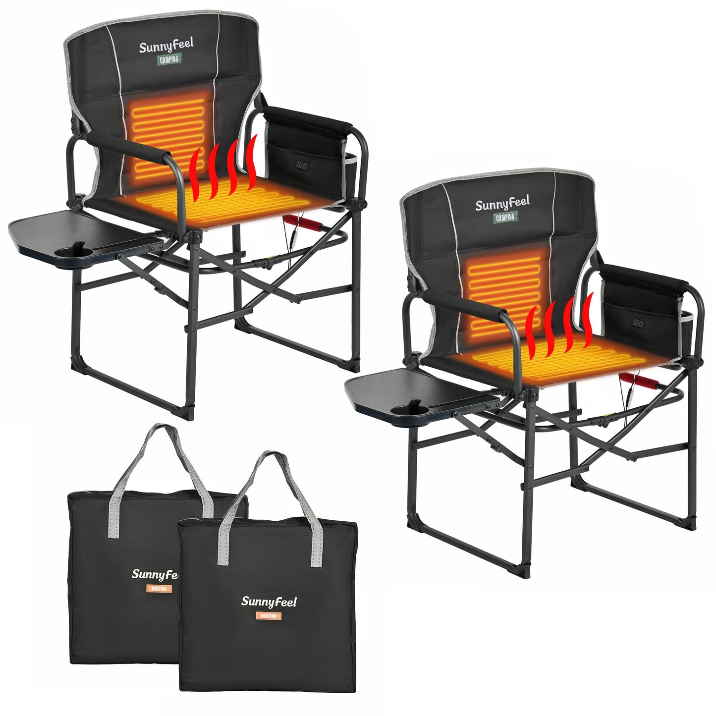 SUNNYFEEL Heated Camping Directors Chair, Heavy Duty,Oversized Outdoor Portable Heating Folding Chair with Side Table, Pocket for Beach, Fishing,Trip,Picnic,Lawn,Concert Foldable Camp Chairs