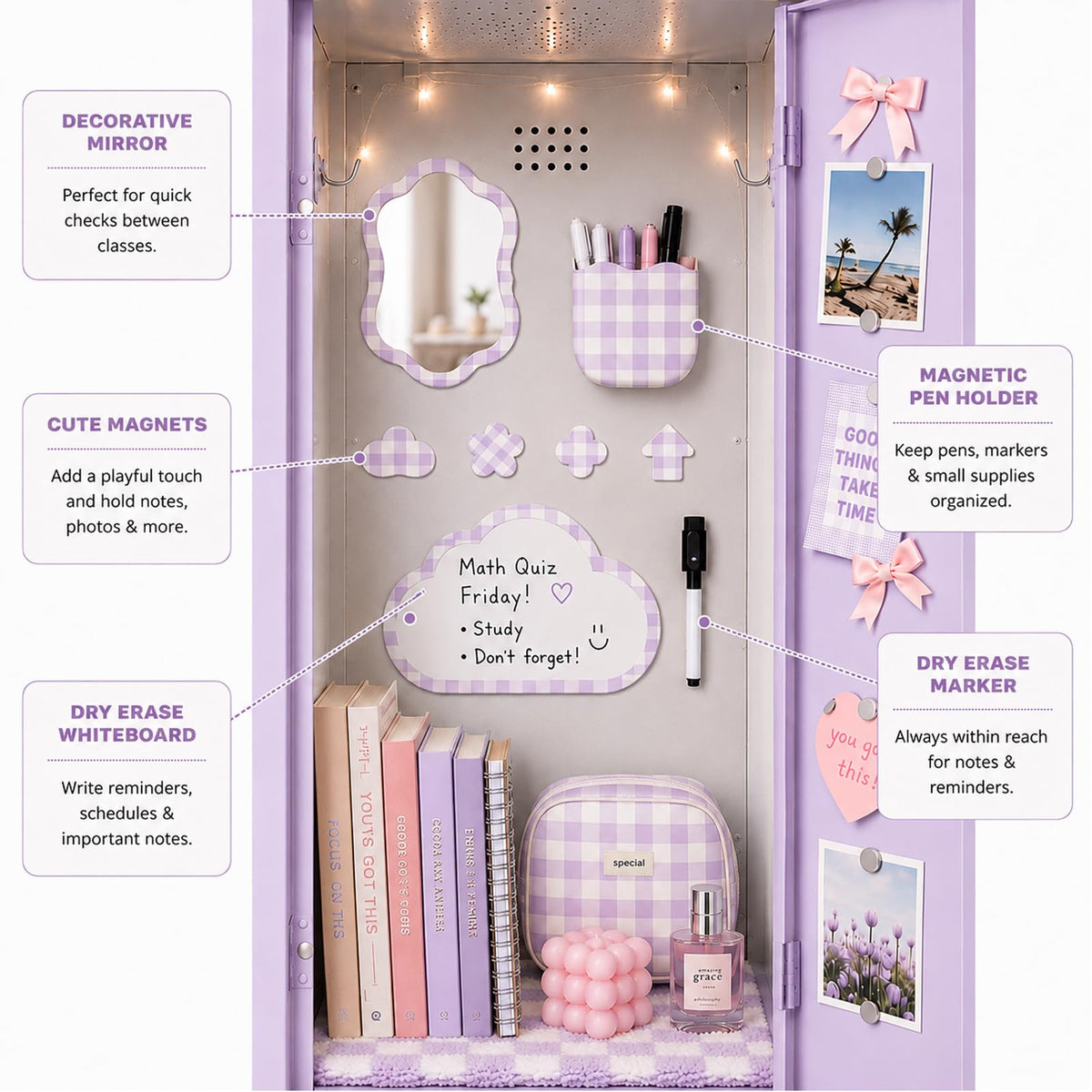 Svartur Magnetic Locker Accessories Set - Locker Mirror, Dry Erase Whiteboard, Magnetic Pen Holder & Cute Magnets, Aesthetic School Locker Decor for Girls, Locker Organizer Kit, Purple