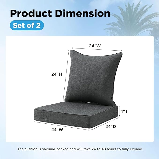 Outdoor Deep Seat & Back Cushion Set, 24 x 24 Inch Water Repellent and Fade