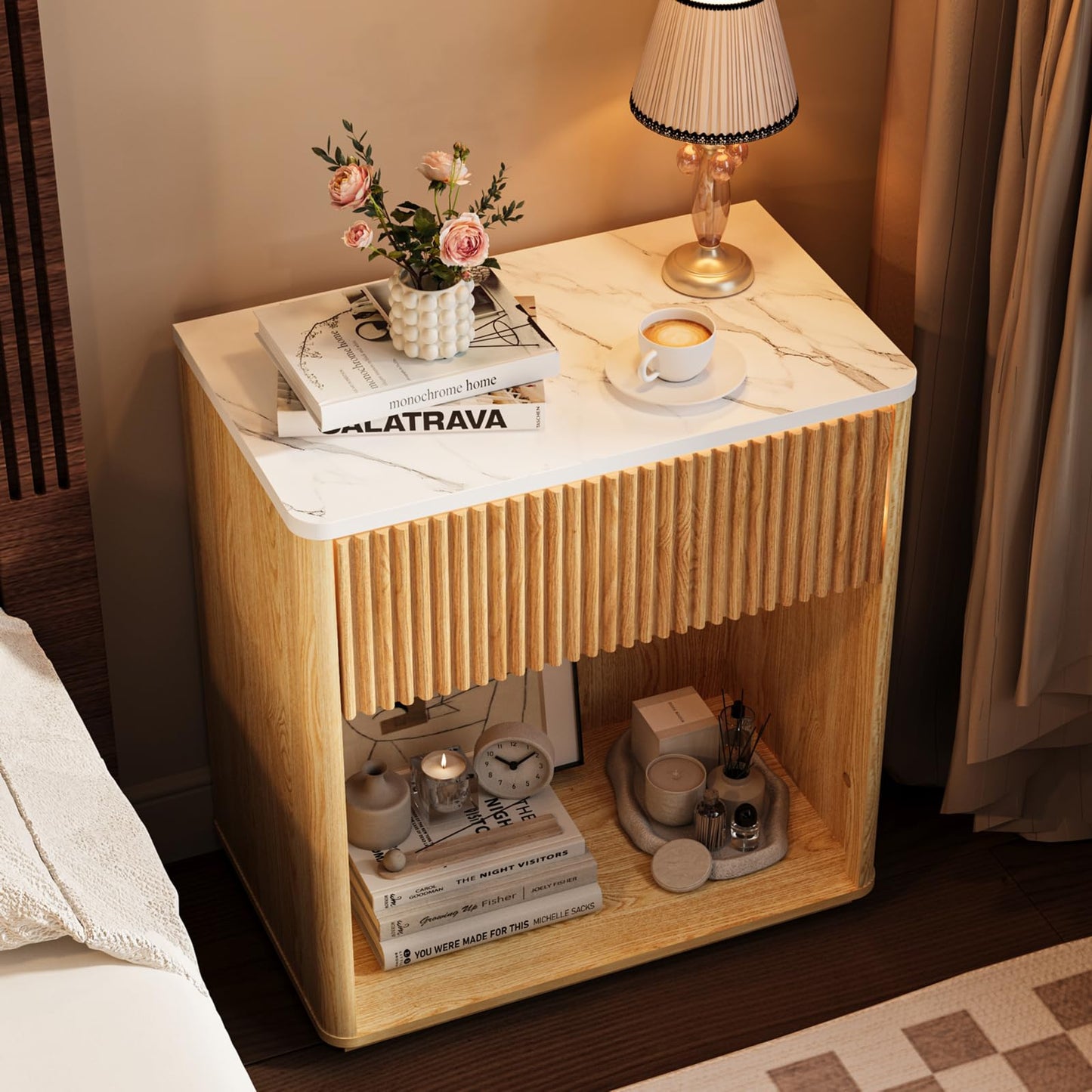 Cychuily Modern Fluted Nightstand Set of 2 for Bedroom, Mid Century Bedside Table Set with Marble Top & Drawer, Wood End Table, 2 Farmhouse Night Stands for Guest Room, Hallway, Oak