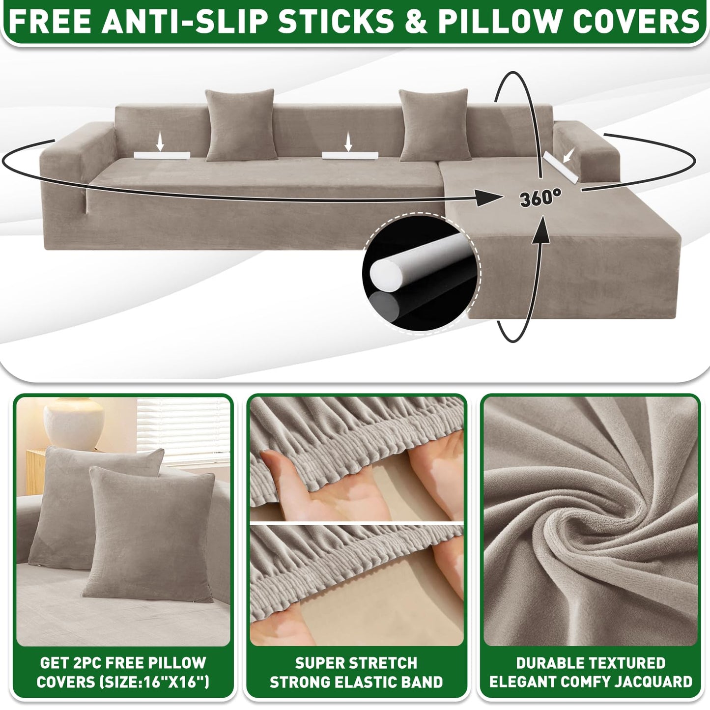 ZNSAYOTX 2026 Soft Velvet Sectional Couch Covers, Luxury Plush Slipcovers with Elastic Bottom for L Shape Sectional Sofa, 2 Pcs Pet Friendly Protector (3 Seat Couch + 2 Seat Chaise, Khaki)