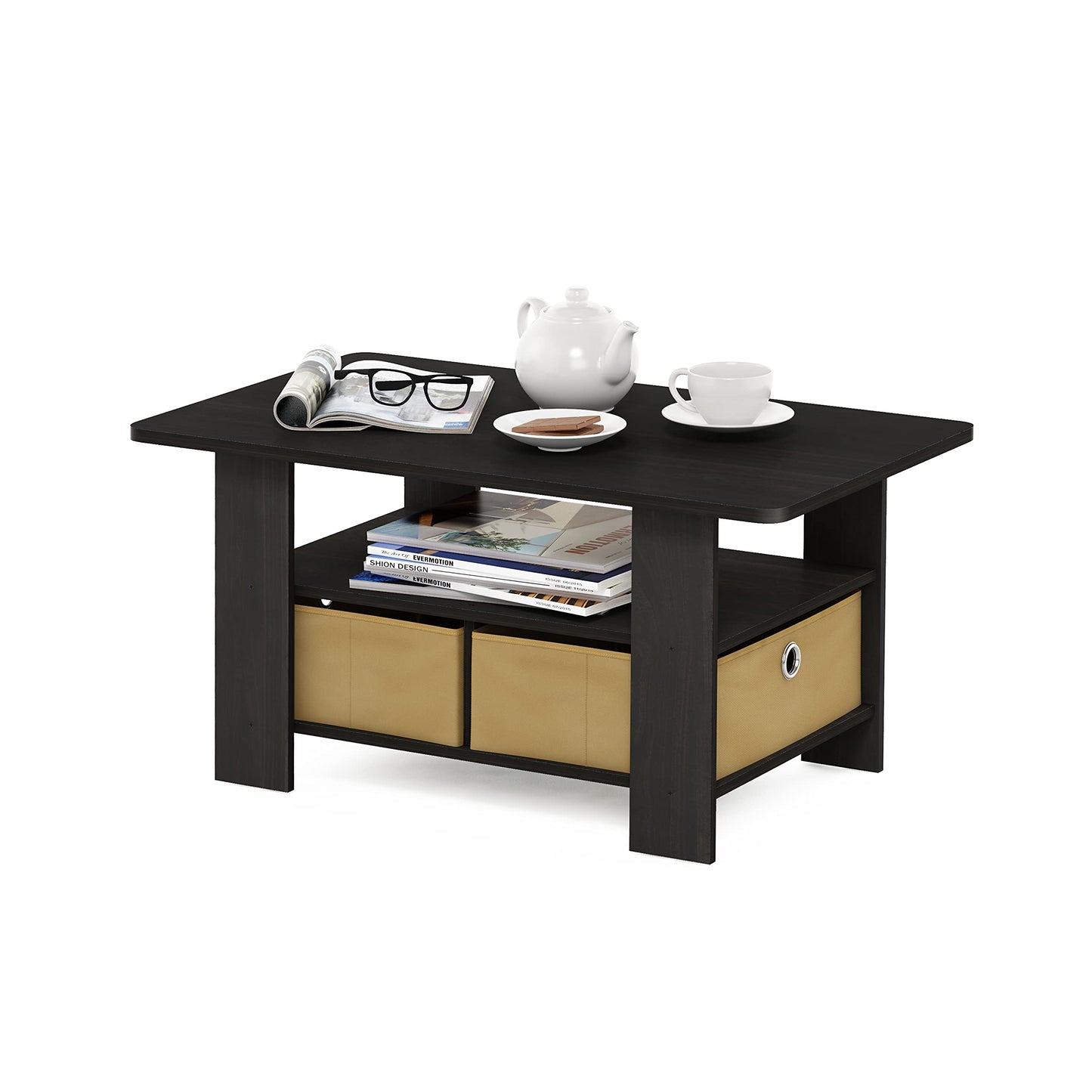 Furinno Andrey Coffee Table, Small Modern Center Table with Storage and Bin Drawer, Side Table for Living Room, Bedroom, Home Office, Dark Espresso