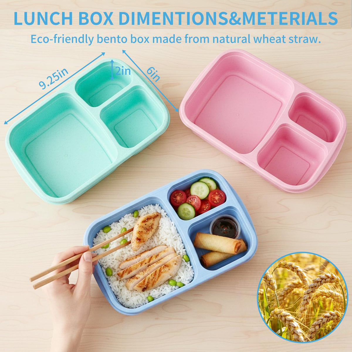 Orivastine 4 Pack Bento Lunch Box Set, 3 Compartment Leakproof Stackable Food Containers, Reusable Wheat Straw Lunch Boxes for Adults Work and Travel