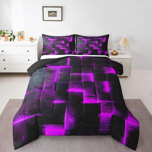 Black Purple Abstract Comforter Twin Gradient Square Twin Bedding Set, Grid Down Comforter Neon Checkered Bed Set Glowing Plaid Quilted Duvet 3D Modern Bedroom Decor 2pcs (Black Reversible)