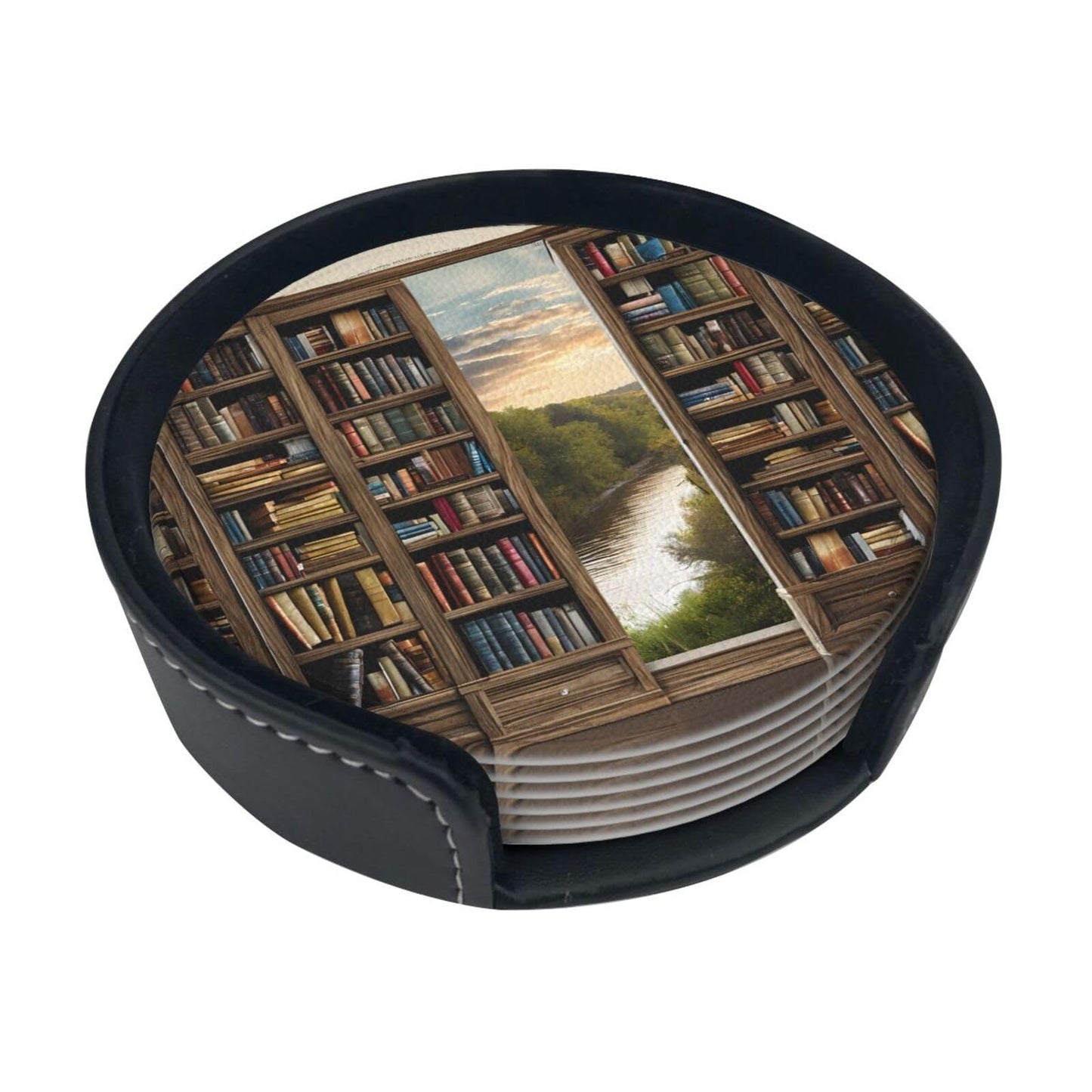 Set of 6 (Library Bookshelf Book Print) Printed Leather Coasters with Holder, Table Decor to Protect Furniture from Water Marks, Scratches and Damage, Wedding Favors and New Home Gift