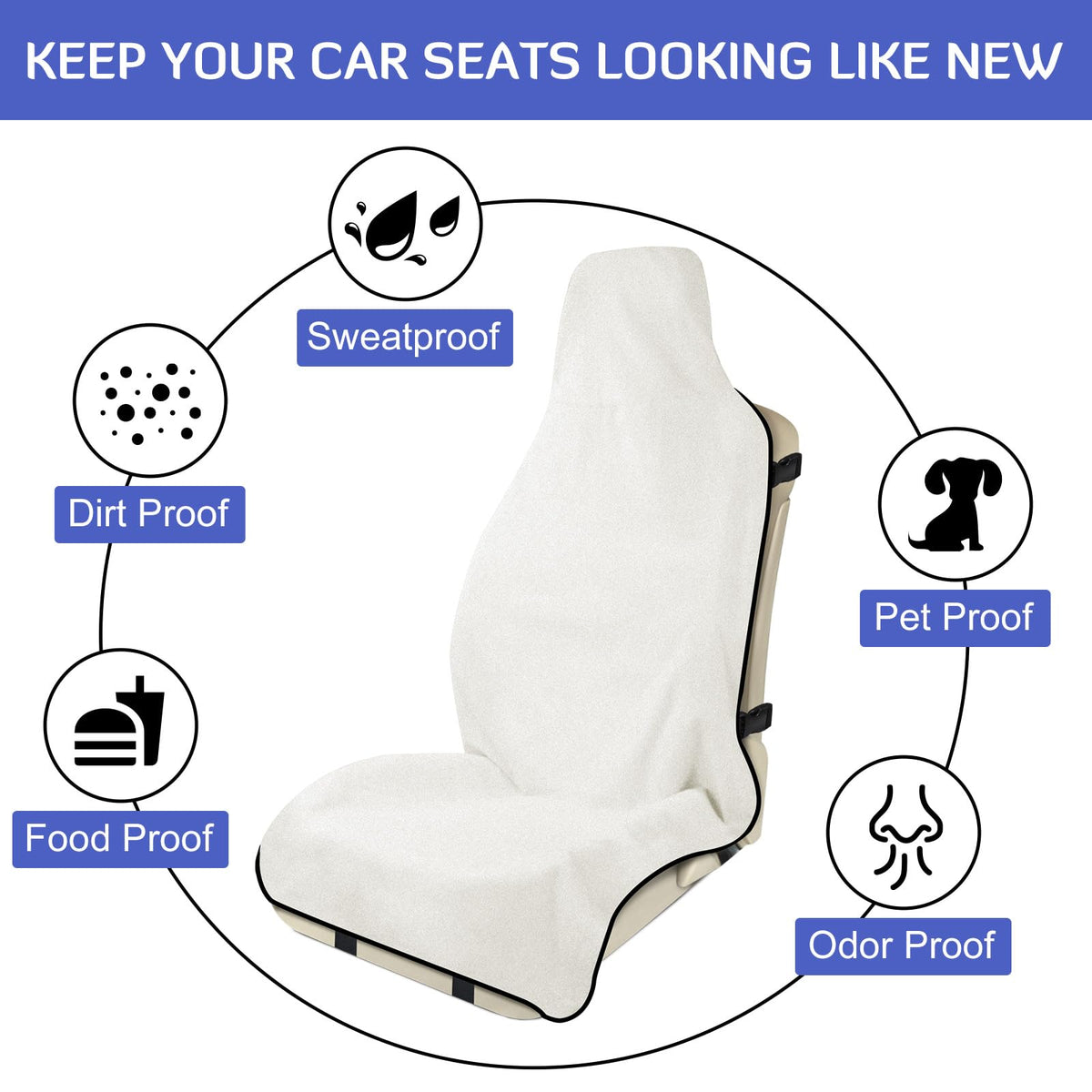 INFANZIA Waterproof Sweat Towel Seat Cover, Premium Car Seat Towel Protector for Trucks SUV Jeep, Universal Non-Slip Bucket Seat Covers for Post Gym Workout, Running, Swimming, Beach (White, 1Pcs)