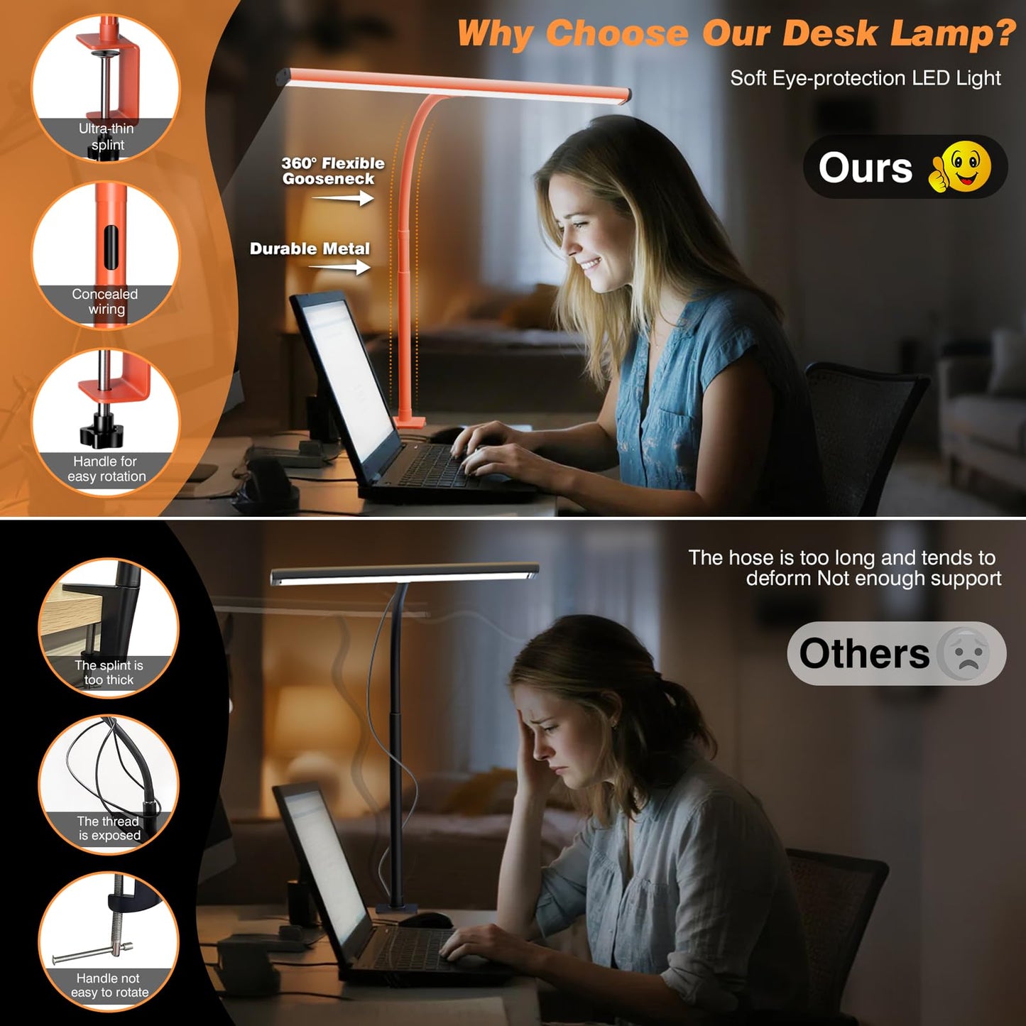 Airlonv LED Desk Lamp for Office Home, Eye-Caring Desk Light with Stepless Dimming Adjustable Flexible Gooseneck, 10W USB Adapter Desk Lamp with Clamp for Reading, Study, Workbench (Orange)
