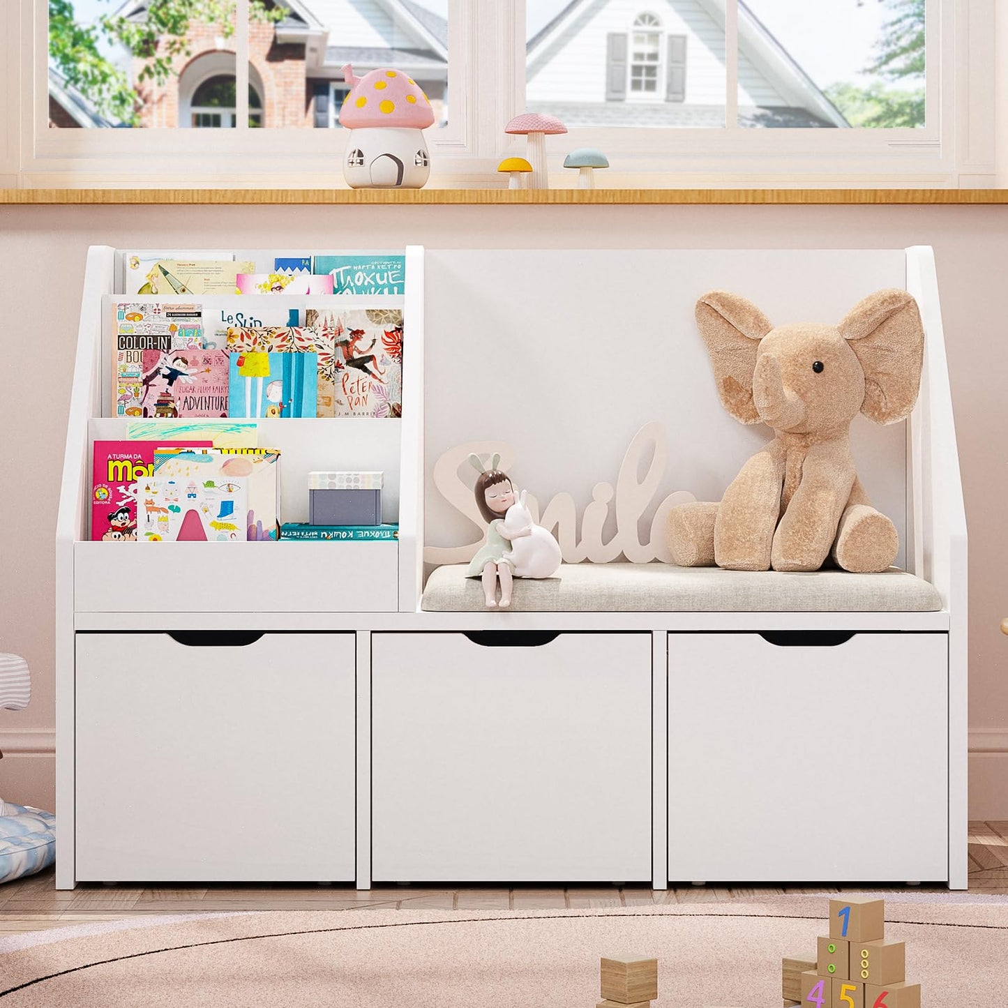 Teckid 40 Inch Kids Toy Organizer with Bookshelf, Cushioned Reading Bench, 3 Movable Drawers and Hidden Wheels, White