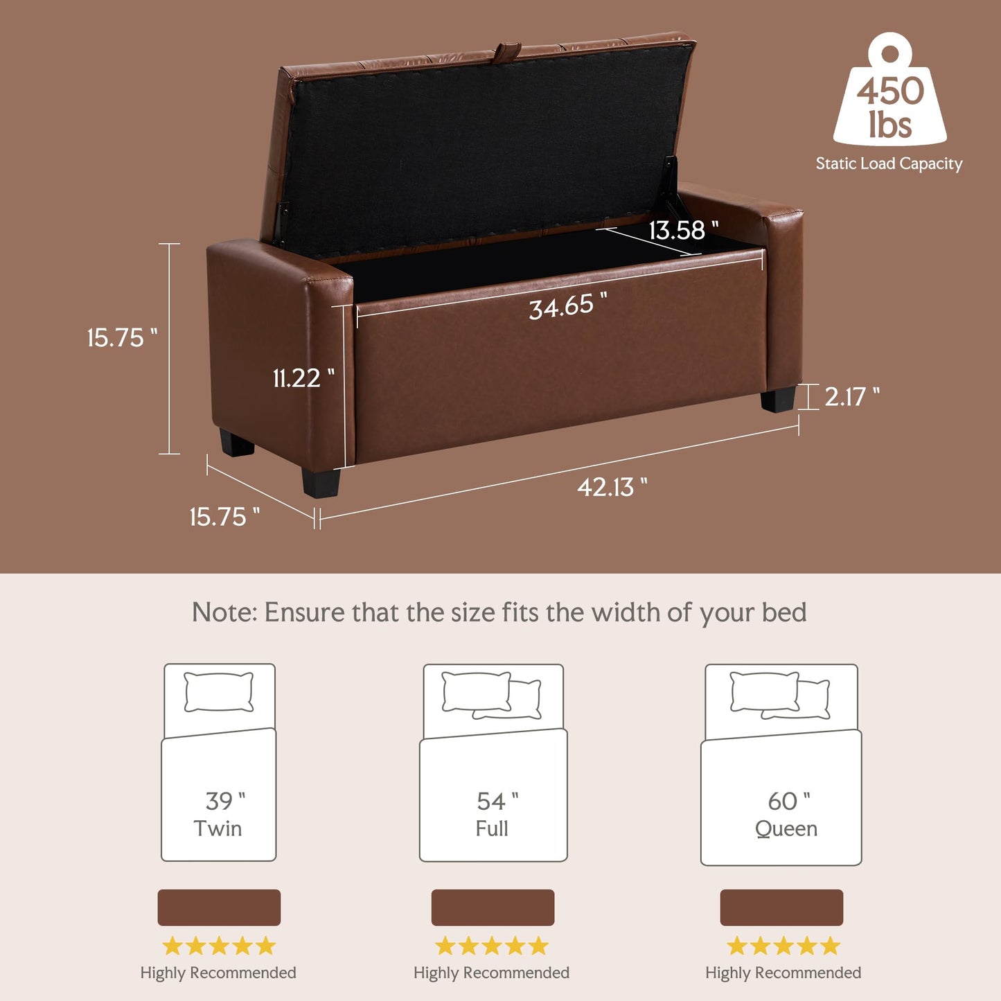 GRAINELL 42.13” Storage Ottoman Bench, Upholstered Tufted Bedroom Bench with Storage, End of Bed Storage Bench for Living Room & Entryway, 350 lb Capacity, Leather Brown