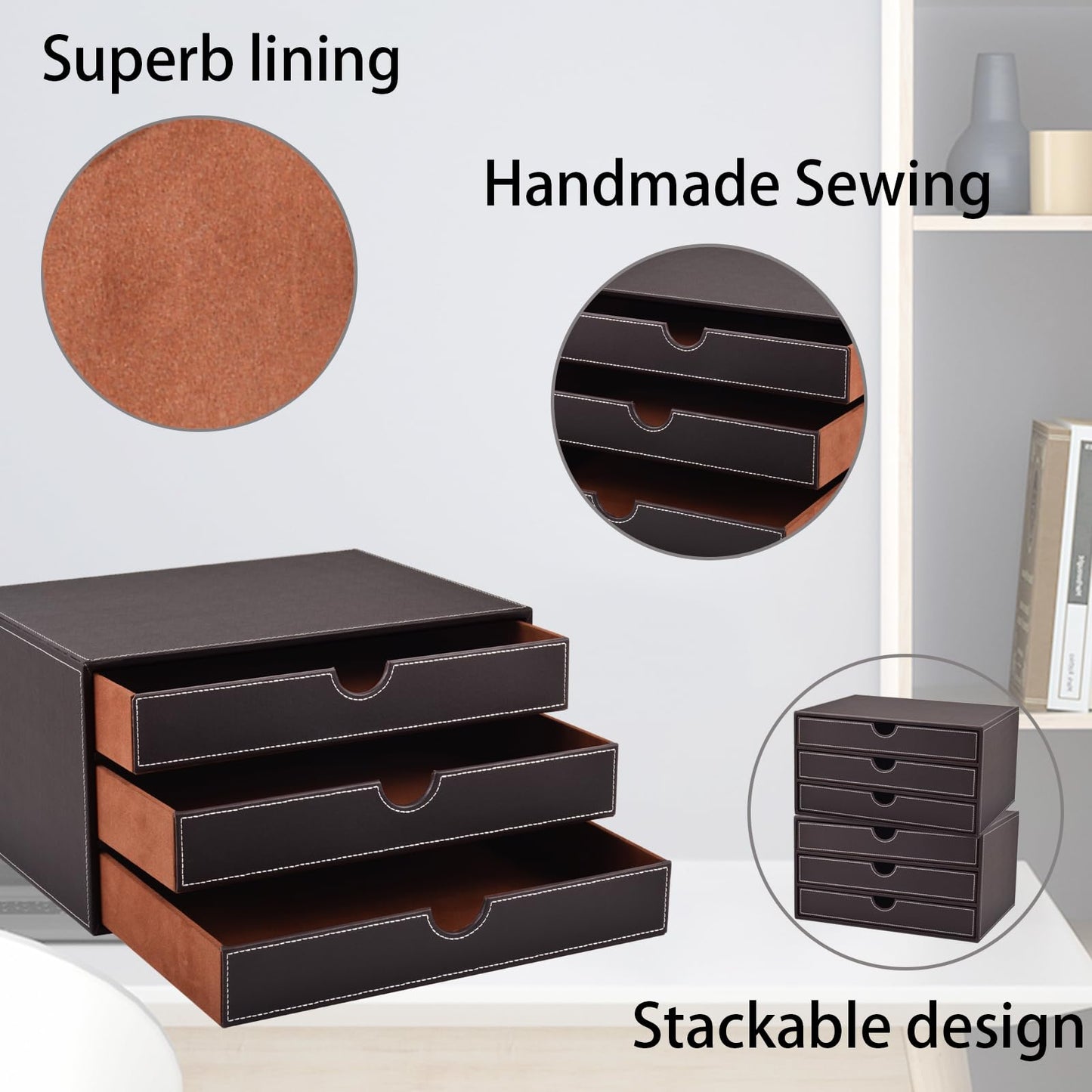 XNONE PU Leather Desk Organizer with 3 Drawers,Executive Office Supplies Desktop Filing A4 File Cabinet/Holder for Jewelry/Bill/Paper/Documents/Makeup Home Decor Stationery Storage Box,Brown