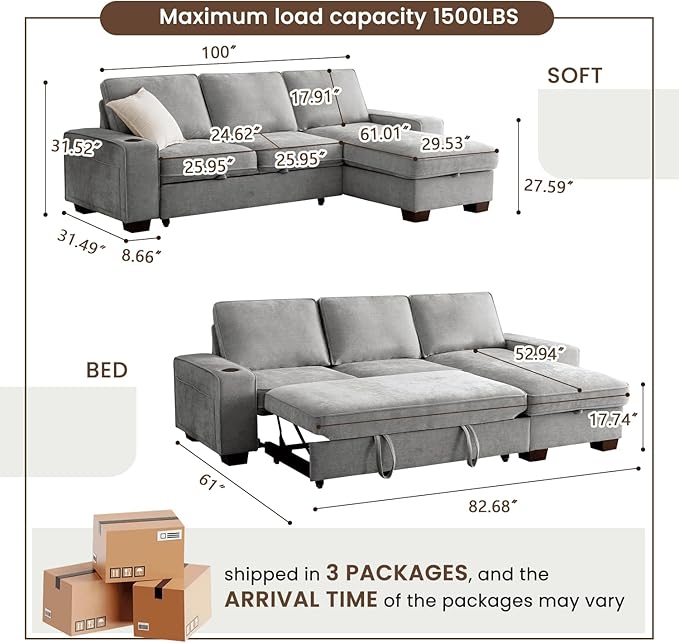 99" Convertible Sleeper Sofa Bed, L Shaped