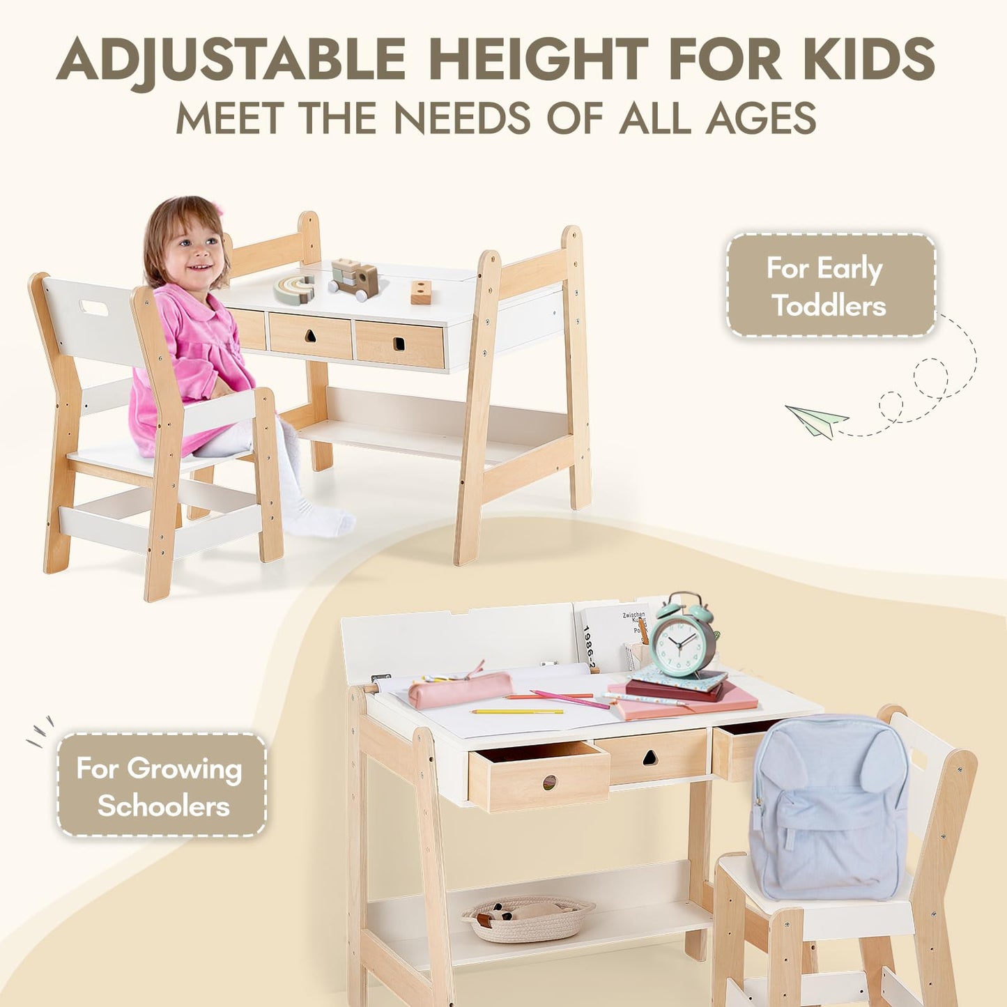 Giant bean Kids Wooden Table and Chair Set, Study Desk and Chair Set with Storage Drawer, White Learning Table with Cabinets for Boys and Girls Ages 3-12 Years,Suitable for Classroom,Home,Playroom