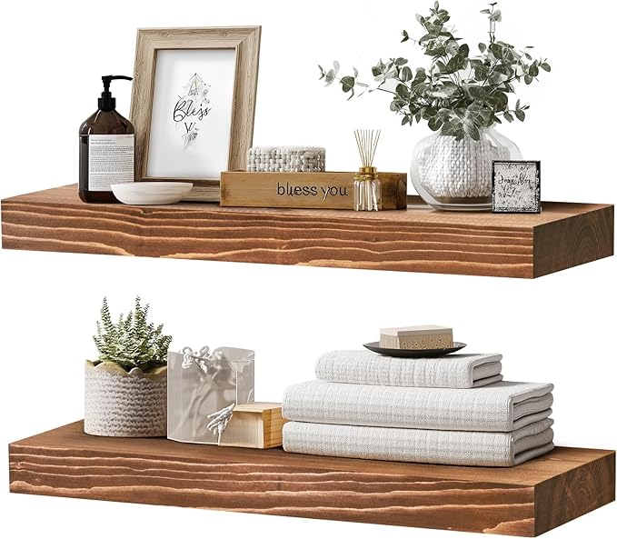 24x8x1.6 inch Floating Shelves Set of 2 – Solid Wood Rustic Brown Wall Mounted
