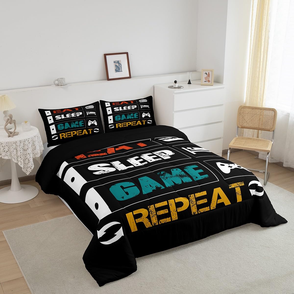 Boys Gaming Comforter Sets for Kids Queen Size Gamer Bedding Set Teens Video Games Comforter Duvet Room Decor Funny Creative Eat Sleep Game Repeat Design Reversible Inner Fill Quilt Set All Season
