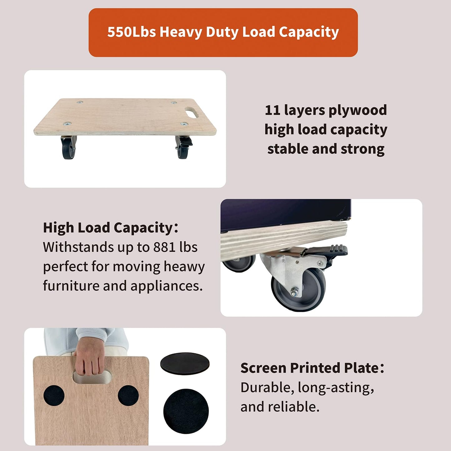 Furniture Mover Dolly Portable Wood Rolling Mover for Heavy Furniture Sofa Cabinet Refrigerator, with 4 360° Rotatable Rubber Universal Wheels, 551 Lbs Capacity, Black (Hardwood Rectangle)