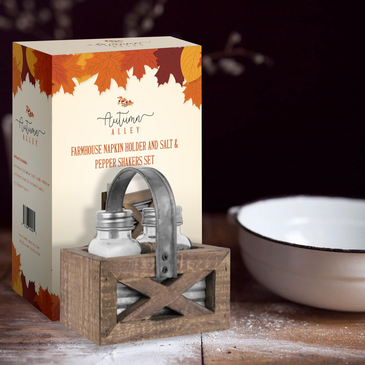 Autumn Alley Farmhouse Napkin Holder and Adorable Farmhouse Salt and Pepper Shakers Set With Wood Holder - Western Kitchen, Galvanized Metal - Upright Rustic Napkin Holder Rustic Kitchen Décor (Brown)
