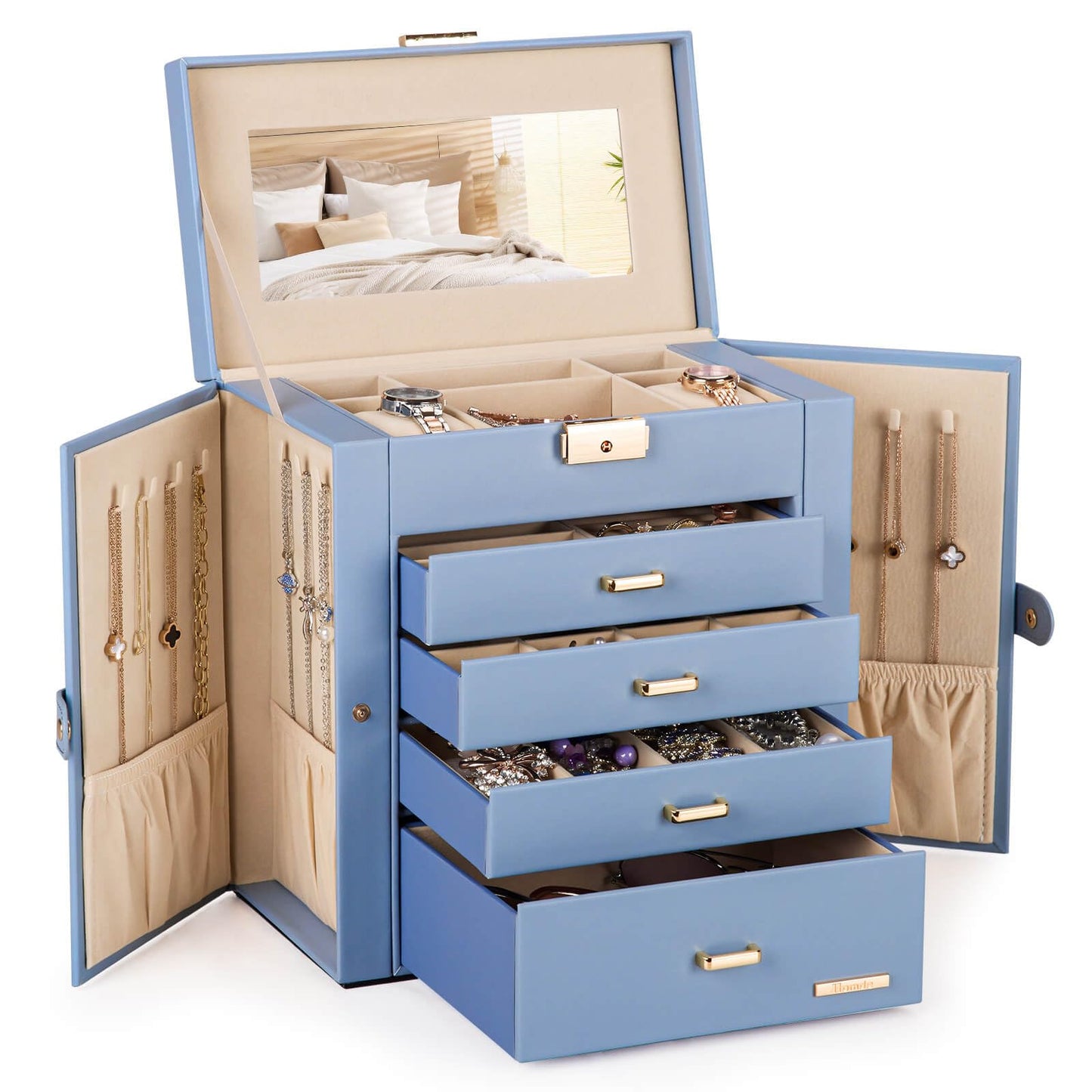 Homde Synthetic Leather Huge Jewelry Box Mirrored Watch Organizer Necklace Ring Earring Storage Lockable Gift Case (Grey Blue + Gold)