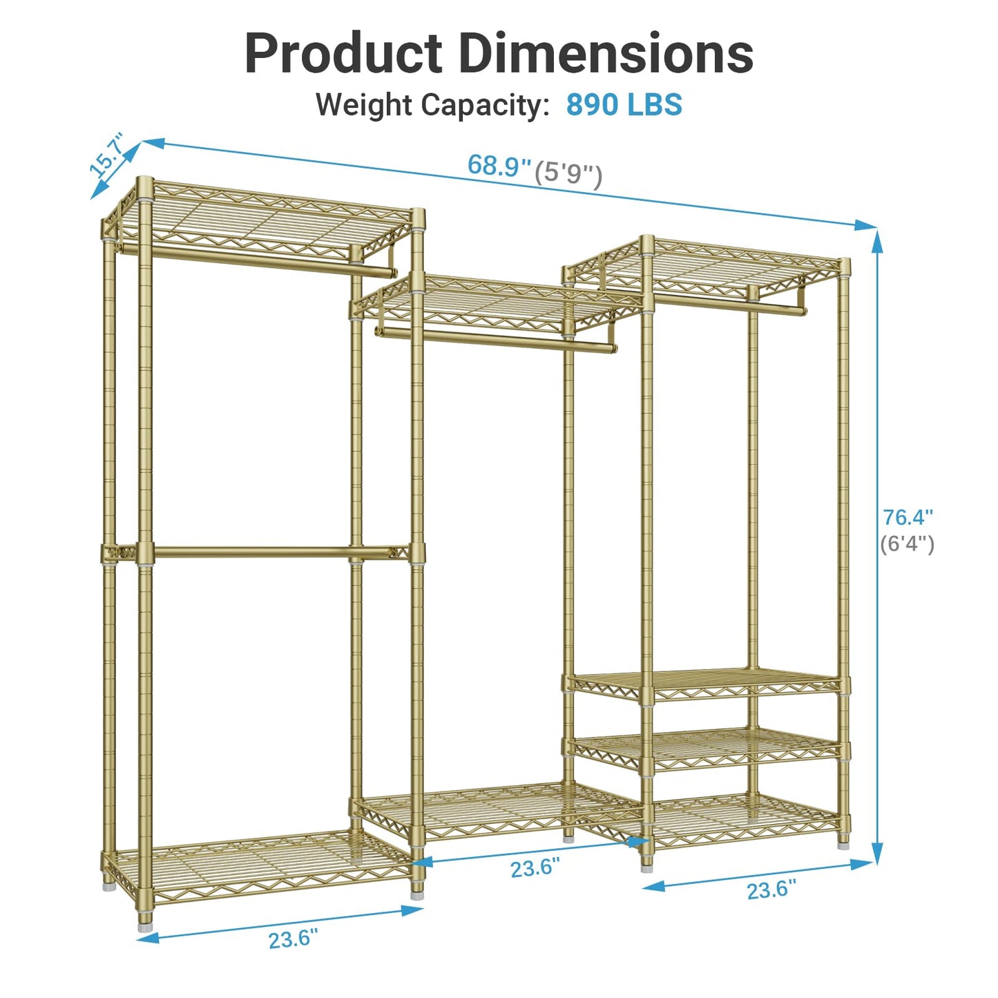 VIPEK V5 Portable Closet Wardrobe Heavy Duty Clothes Rack, Freestanding Metal Clothing Racks Custom Closet Racks with 8 Adjustable Shelves, 68.9" Lx15.7 Wx76.4 H, Max Load 890LBS, Gold