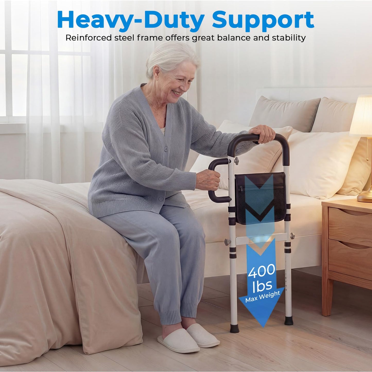Bed Rails for Elderly Adults Safety, ASTM Certified Bed Rail for Seniors with Motion Sensor Light, Non-Slip Handle & Storage Bag, Height Adjustable Bed Assist Bar with 400LBS Support, Dark Black