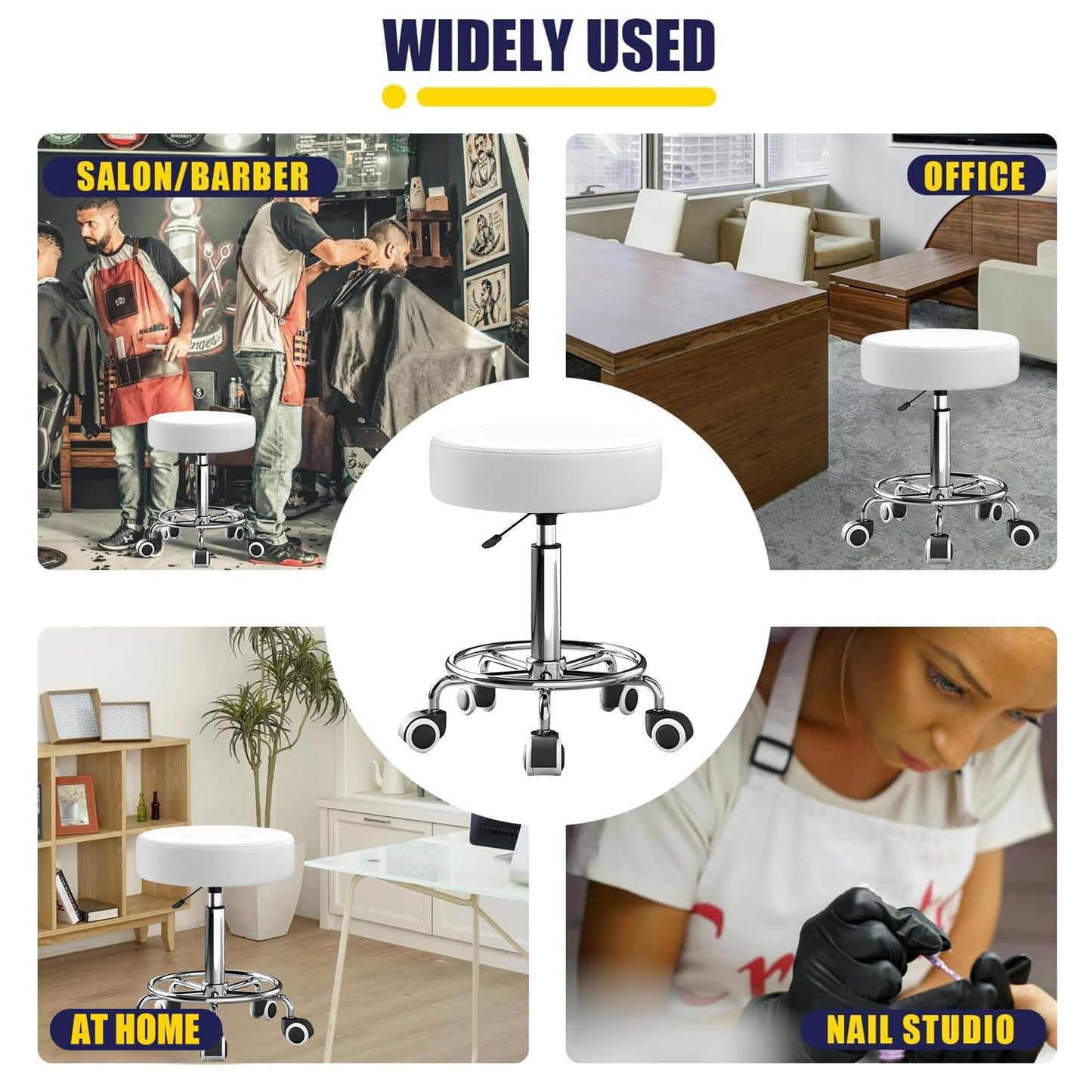 Rolling Stool With Heavy Weight Capacity 250lb, PU Leather Seat, Wheels and Footrest - Ultra Soft Padded, 360 Swivel for Spa, Drawing, Salon, Work, Office, Tattoo (White)