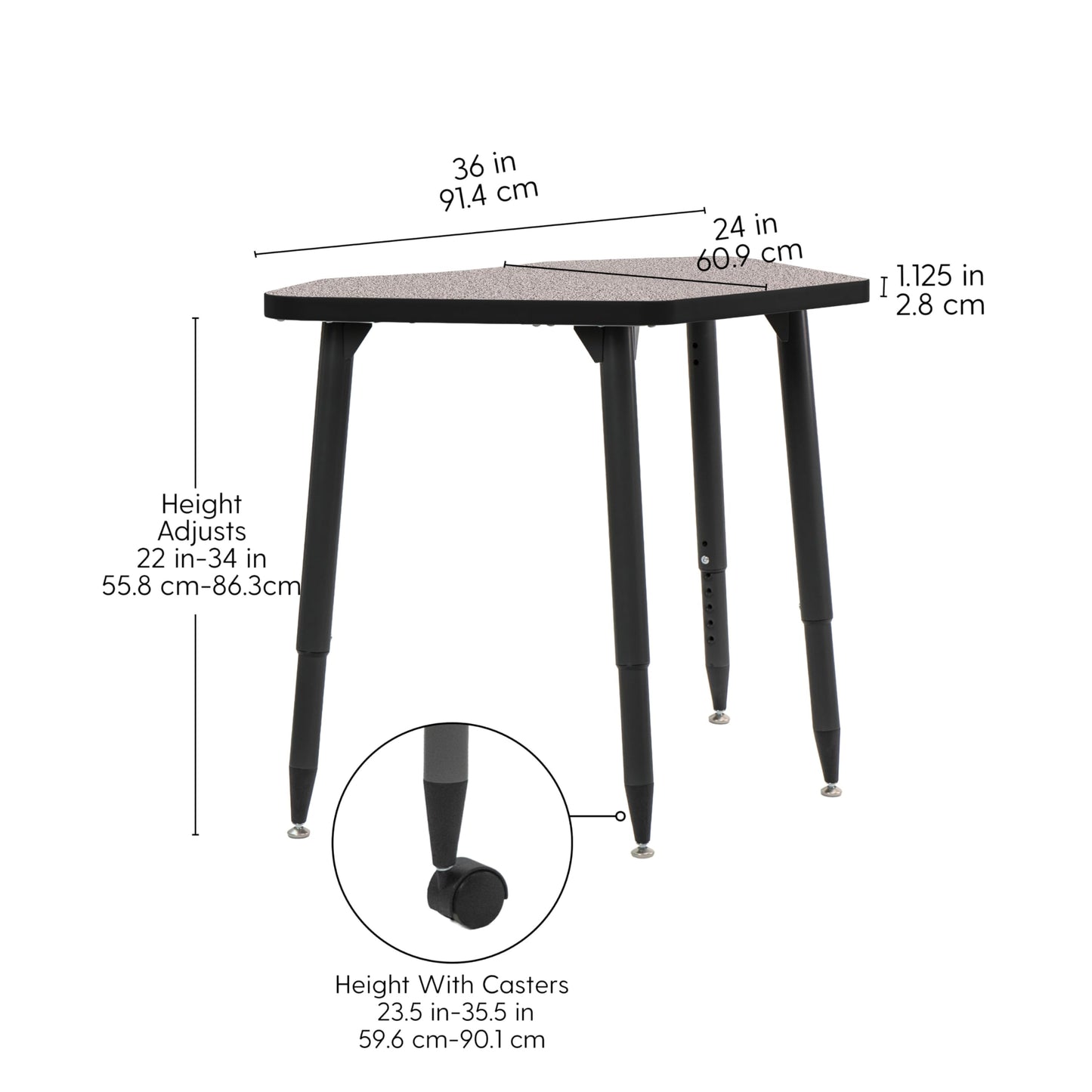Adapte Commercial Classroom Activity Table - 24" x 36" Petal, ADA Compliant Tapered Legs with Glides & Casters, Adjustable Height 22-34" Wheelchair Accessible, School & Office Furniture