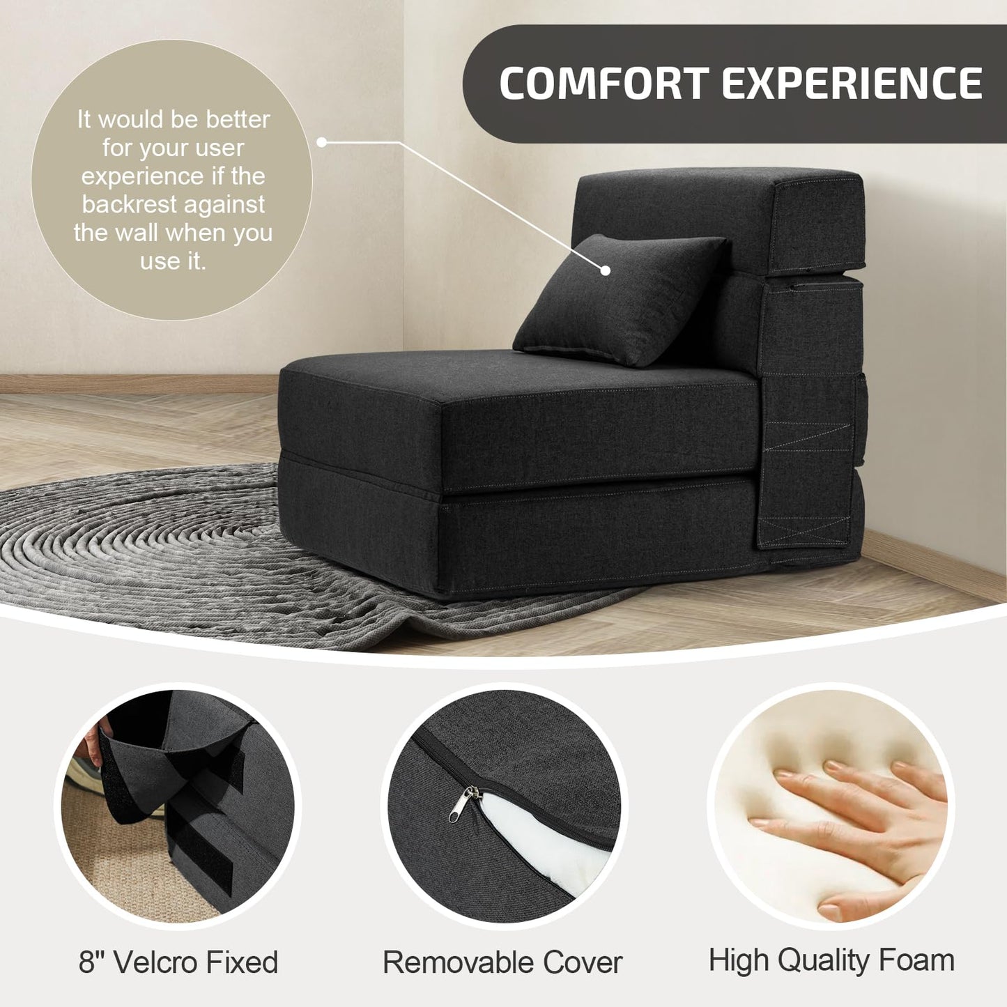 SUYOLS Folding Sofa Bed with Pillow- Convertible Chair Floor Couch & Sleeping Mattress, Foldable Memory Foam Sleeper for Living Room/Dorm/Guest Room/Home Office/Apartment/Loft, Single26, Dark Gray
