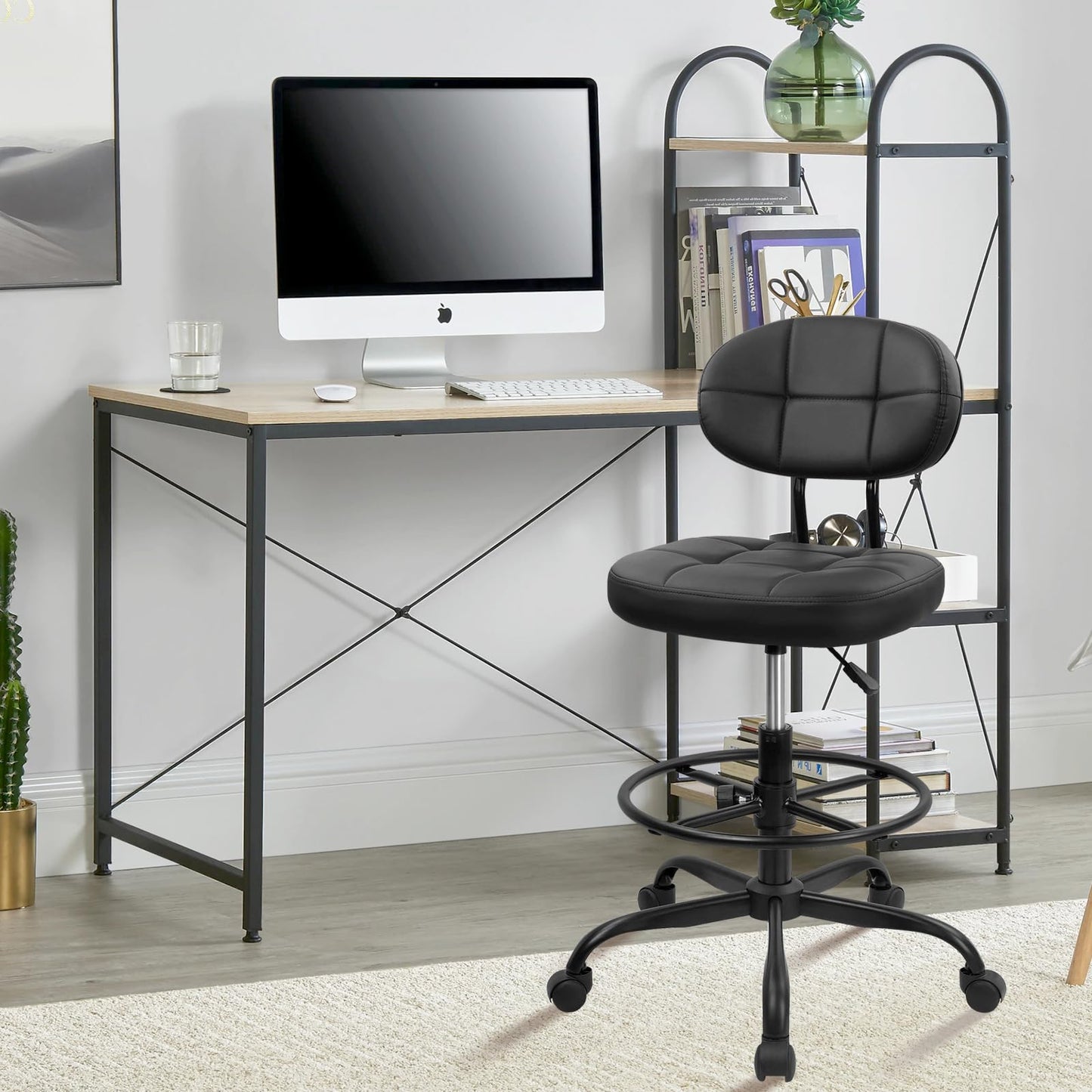 KLASIKA Drafting Stool with Backrest, Tall Adjustable Height Office Chair, PU Leather Swivel Rolling Stool with Footrest & Wheels for Standing Desk, Bar, Salon, Spa, Lab, Counter, Home, Black，1PK