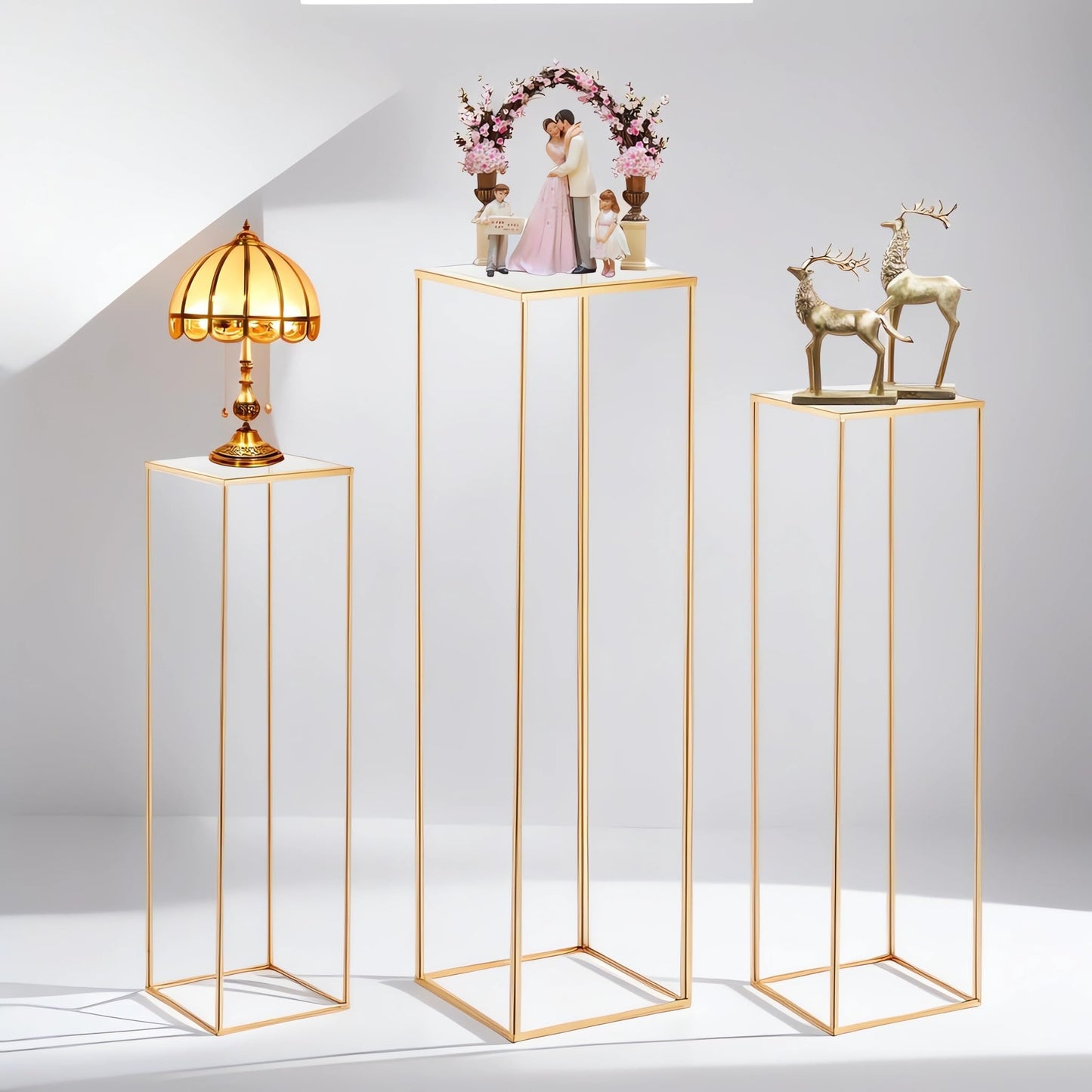 Kapaga 3pcs Gold Metal Plant Stand, Cylinder Pedestal Stands for Parties, Metal Plant Columns Pedestal Stands for Display, Square Cylinder Columns tables for Weddings Cake Stand Floor Plant Tables