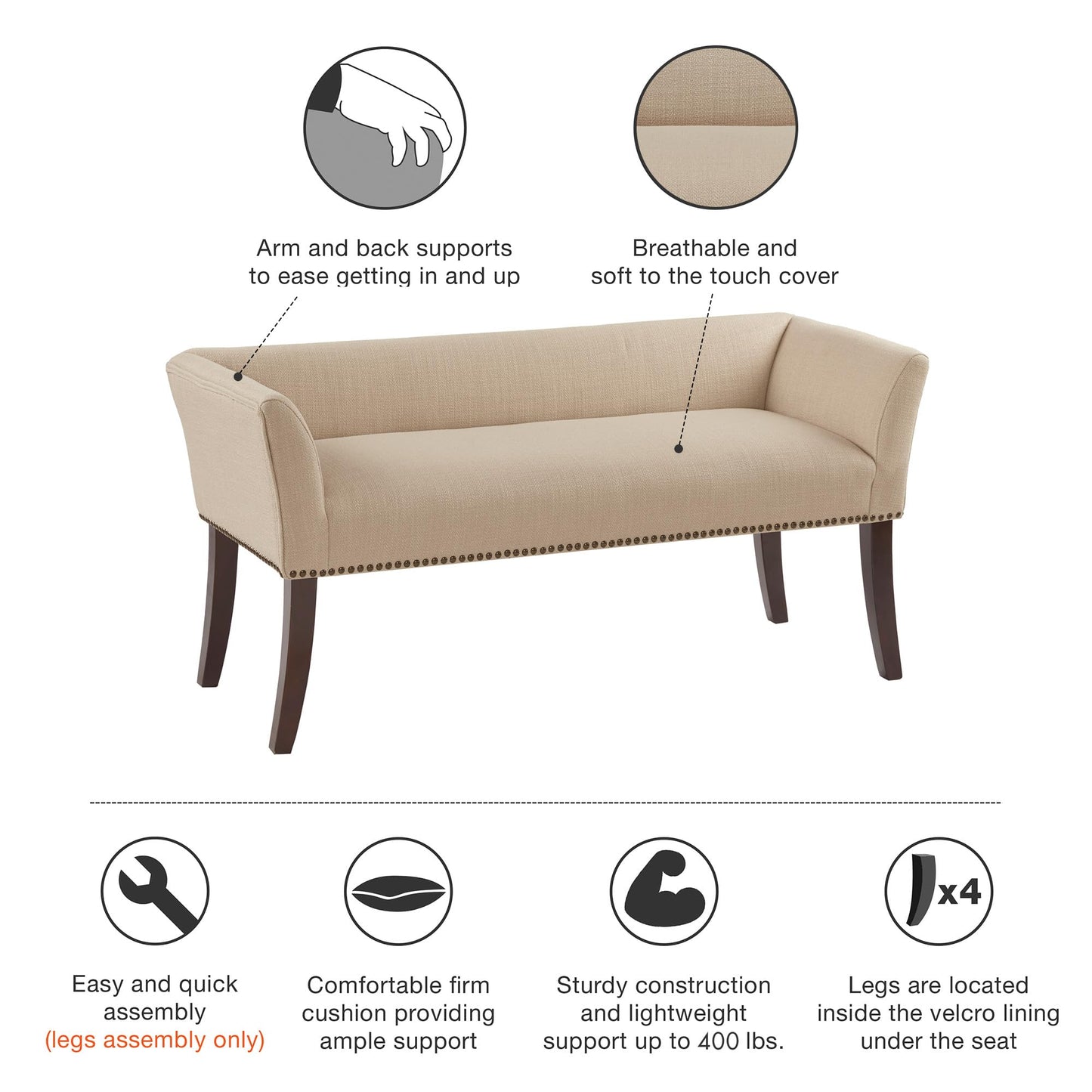Madison Park Accent Bench, Upholstered with Nailhead Trim, & Padded Seat Entryway Bench Small, End of Bed Bench with Back, 49.5" W x 19.25" D x 23" H, Tan