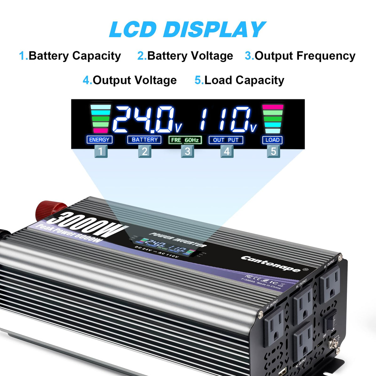 Cantonape 3000W Power Inverter 24V to 110V/120V DC to AC with LCD Display, Remote Controller and 4 x AC Outlets Car Adapter for Car Truck Boat RV Off Grid Solar System