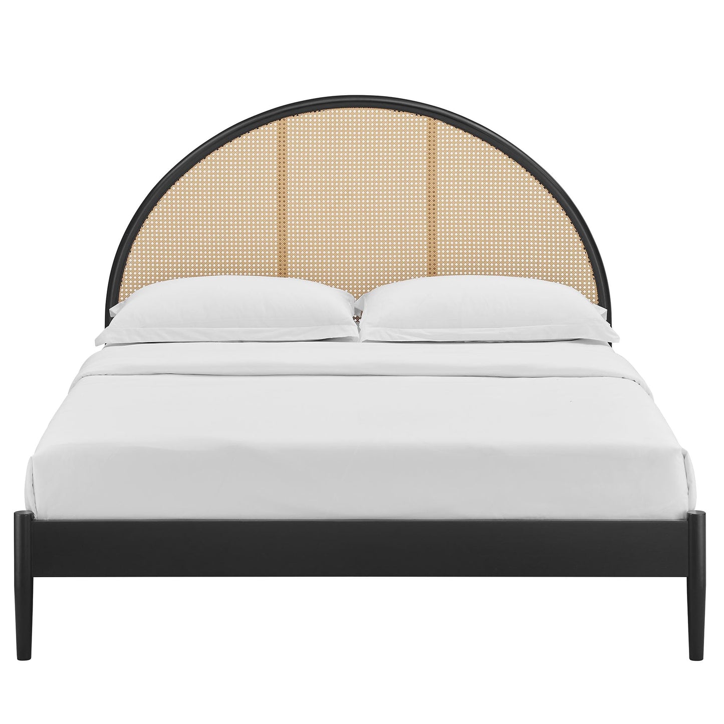 Modway Odette Arched Queen Platform Bed in Black with Rattan Cane Headboard – Wooden Queen Half Moon Bed Frame – Mid-Century Modern Queen Size Platform Bed Frame