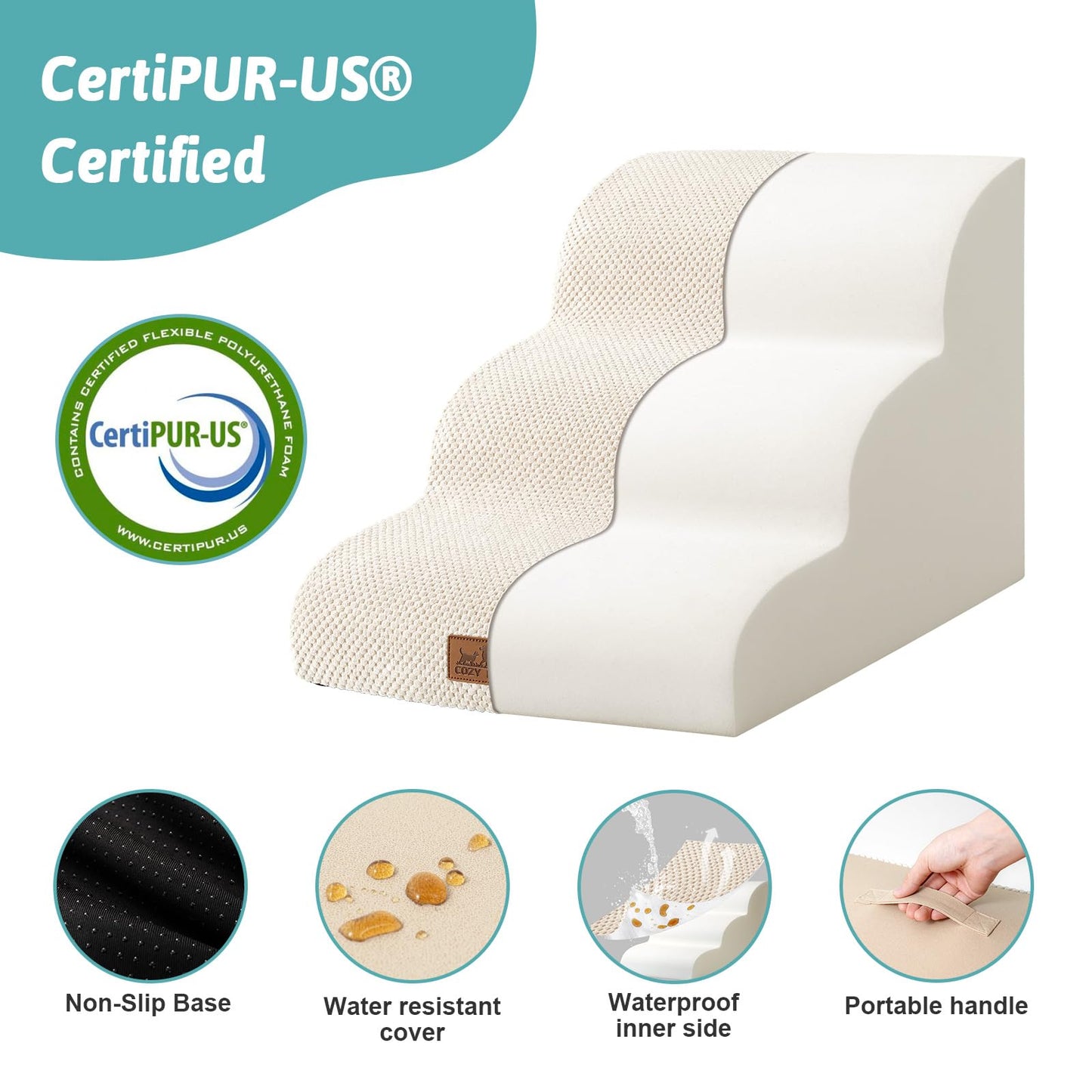 COZY KISS Dog Stairs for Small Dogs 15.7" H, Curved Dog Step for Puppy, Older Cat, Medium Pet Ramp for Sofa, Couch or Chair, Ladder with High Density Foam, 3 Step, 15.7x22.4x15.7 inch, Beige