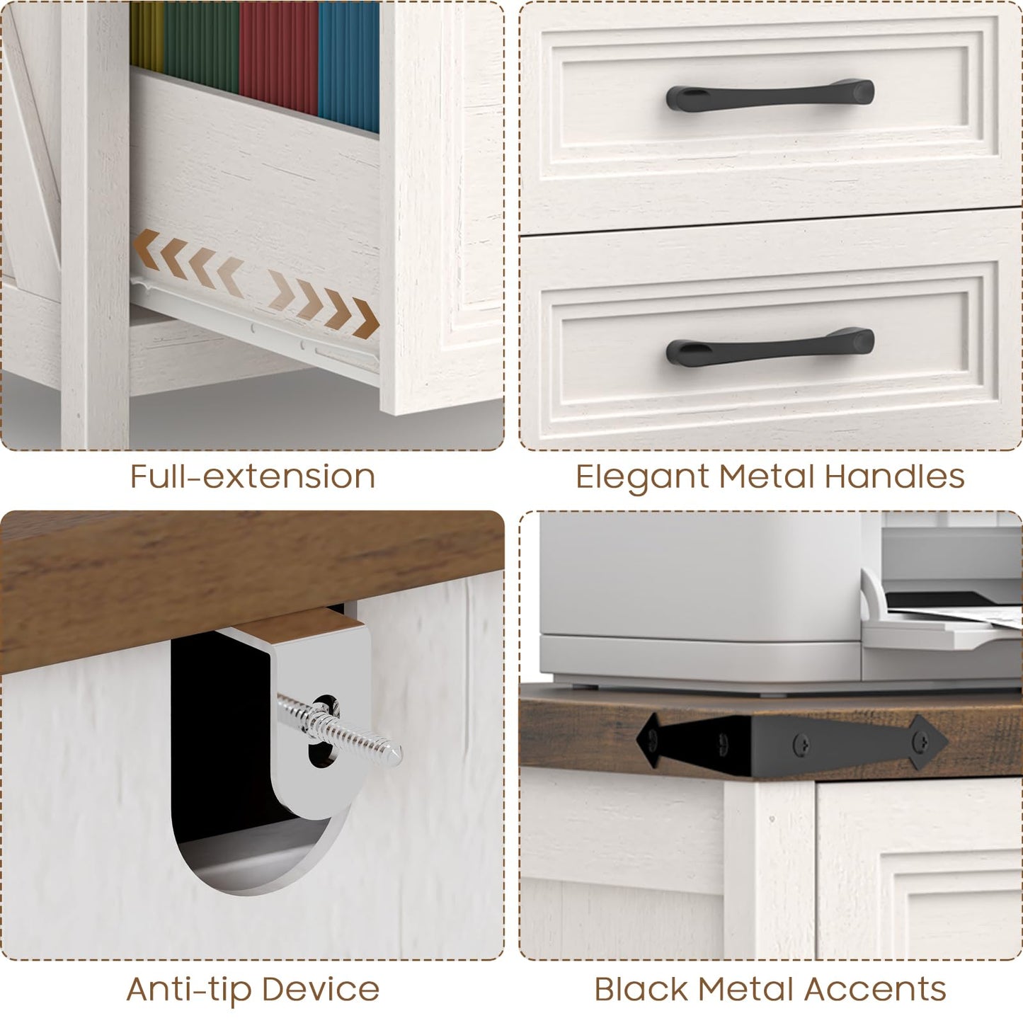 Vabches 3 Drawer Vertical File Cabinet, Wood Farmhouse Filing Cabinet Fits A4/Letter Size, Under Desk Small File Cabinets Printer Stand with Storage for Home Office, White and Brown