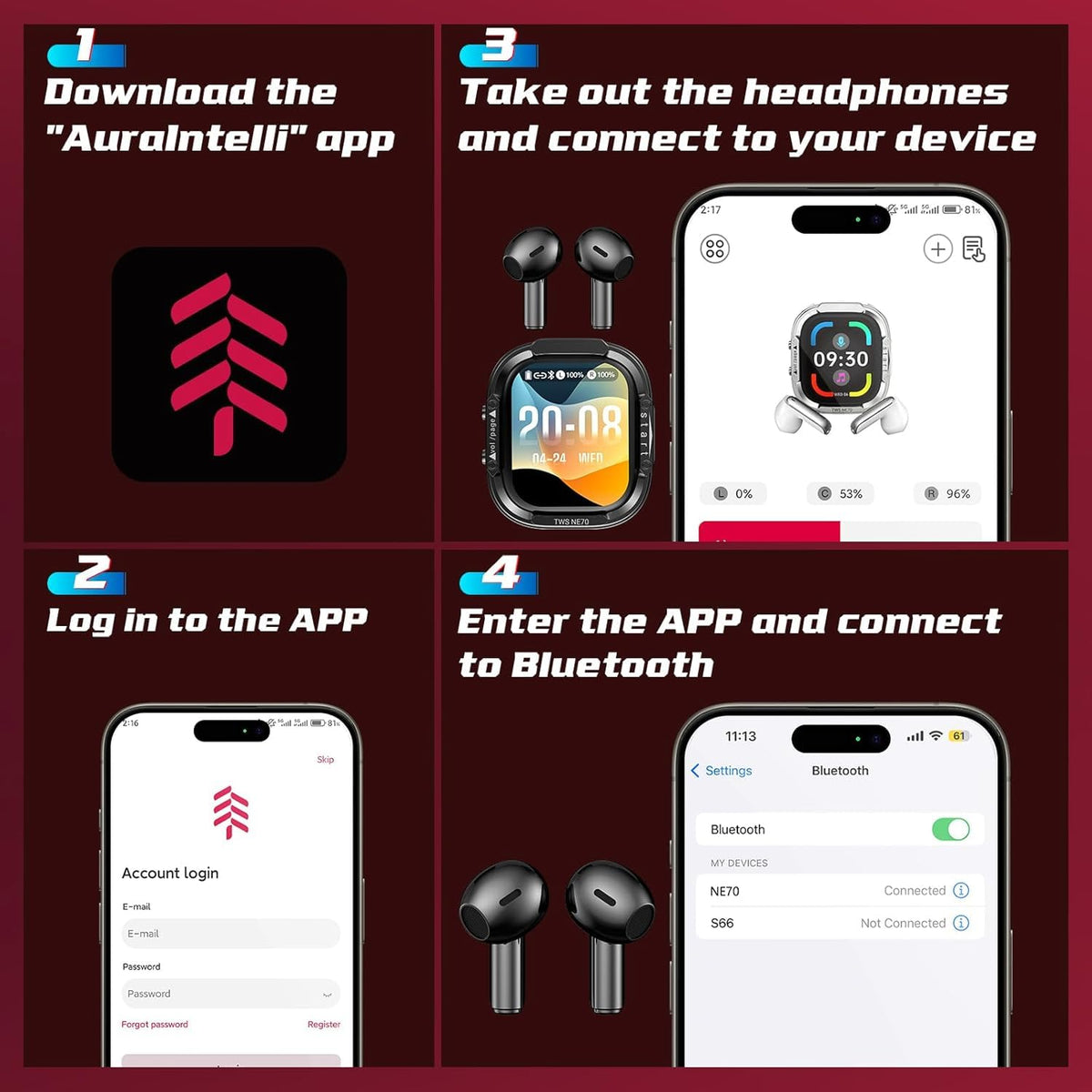 NE70 Earbuds, 2026 New NE70 AI Translation Earbuds in Real Time, Language Translator Headphones with LCD Touch Screen Audifonos Traductores Inglés Español Support 165 Languages for Travel Business
